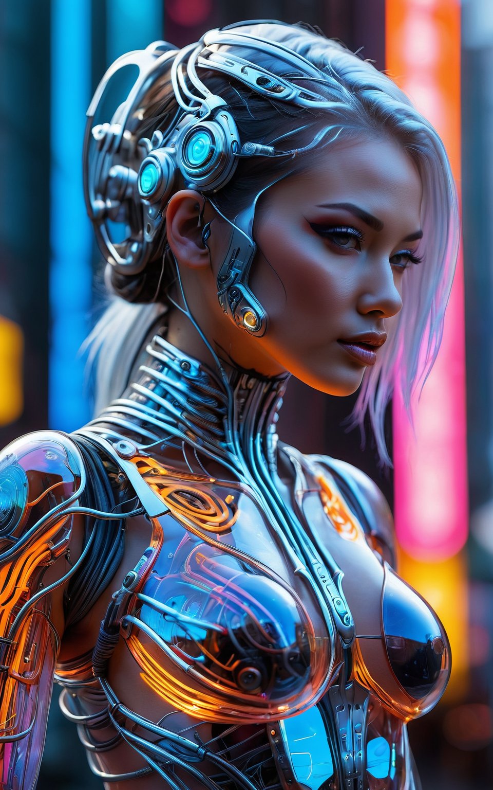 (best quality,4k,8k,highres,masterpiece:1.2), ultra-detailed, (realistic,photorealistic,photo-realistic:1.37), cyborg woman, transparent rib cage made of glass, neon cables, gears inside the glass body, glowing circuits, futuristic mechanical parts, cybernetic enhancements, metallic skin, stunning silver hair flow, piercing eyes, high-tech headset, sleek and angular body, dynamic pose, urban background, neon-lit cityscape, vibrant colors, holographic projections, dramatic lighting