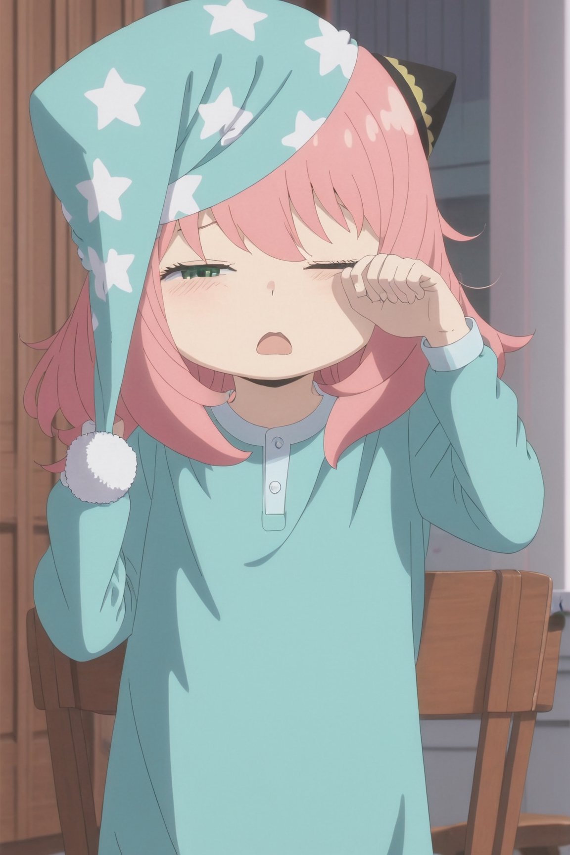 anya forger, 1girl, solo, blush, open mouth, bangs, shirt, long sleeves, hat, green eyes, upper body, pink hair, one eye closed, indoors, medium hair, chair, child, pajamas, female child, sleepy, waking up, nightcap, rubbing eyes, anya (spy x family)