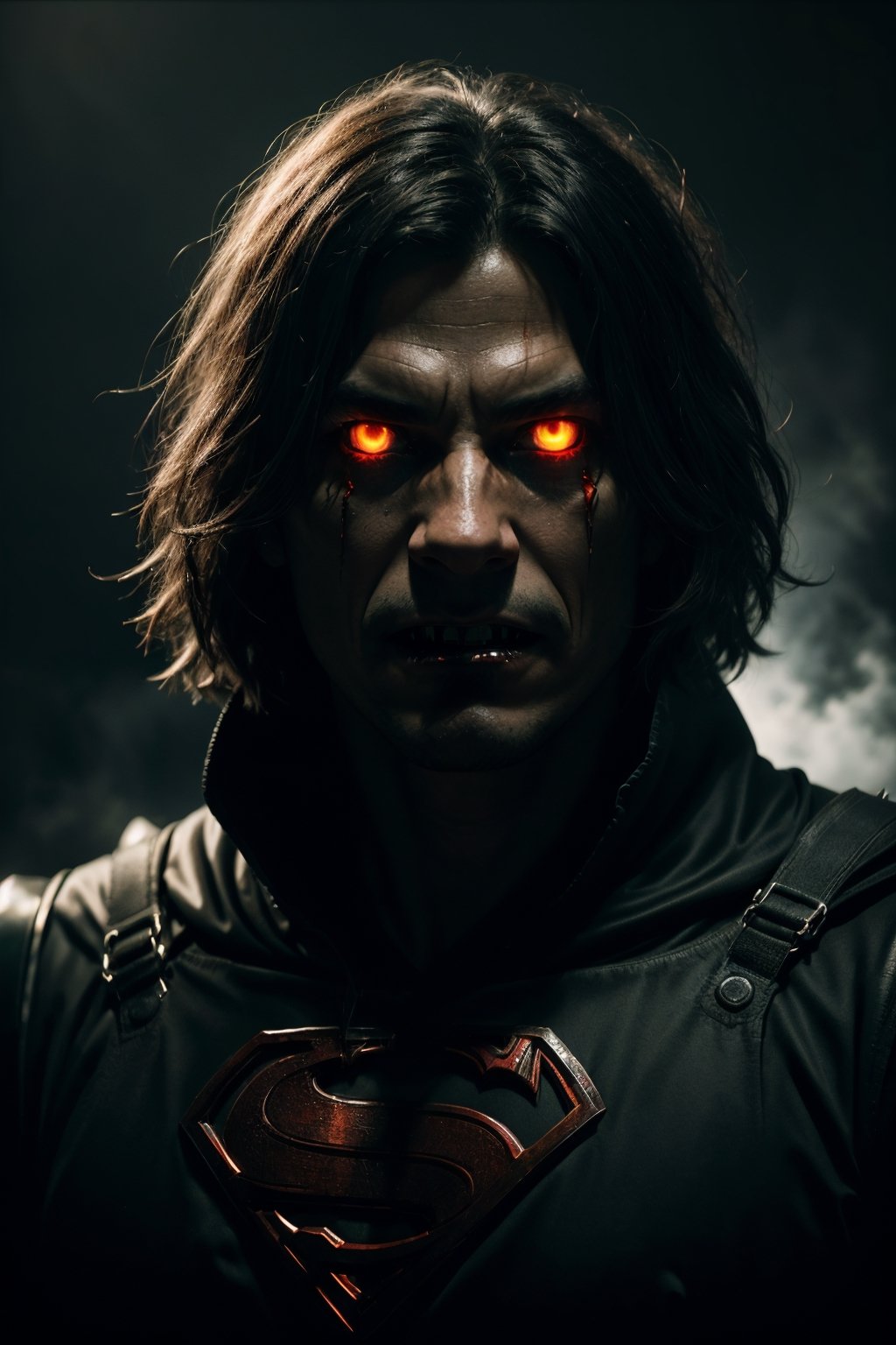 (best quality,4k,8k,highres,masterpiece:1.2),ultra-detailed,(realistic,photorealistic,photo-realistic:1.37),superman as predator,scary,spooky,close-up,portraits,dark ambient lighting,detailed textures,eerie atmosphere,sharp focus,menacing presence,glowing red eyes,ominous expression,ripped muscles,floating menacingly,disappearing cape,gloomy background,high contrast,color grading:dark and desaturated,moody shadows,ominous aura,strong jawline,mystical energy tendrils,foreboding,low-key lighting,dark cape billowing,unearthly power,ethereal glow,haunting presence,menacing smile,hovering in mid-air,cold,calculating,fear-inducing,body armor with spikes,sharp teeth,barely visible in darkness,expressive facial features,demonic appearance