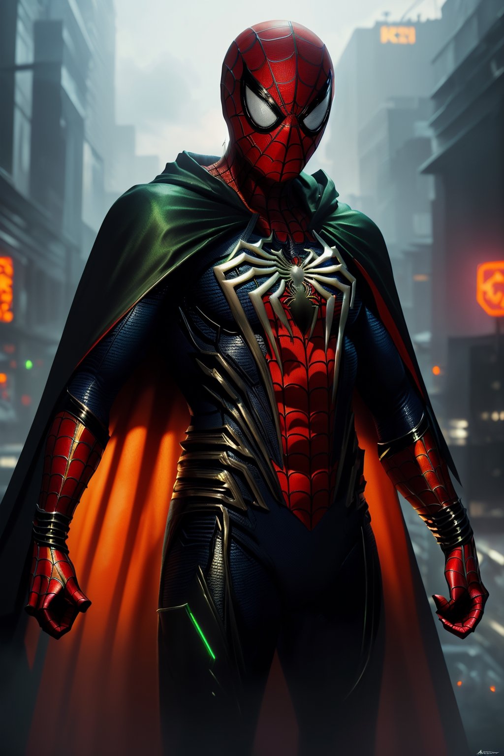 (Breathtaking 8K concept art), (Spiderman in a sleek orange and green armored suit, unmasked, with a flowing black cape:1.3), Against a detailed night cityscape, bathed in natural volumetric lighting, reminiscent of artistic visionaries like Greg Rutkowski, (A masterpiece trending on ArtStation:1.3)