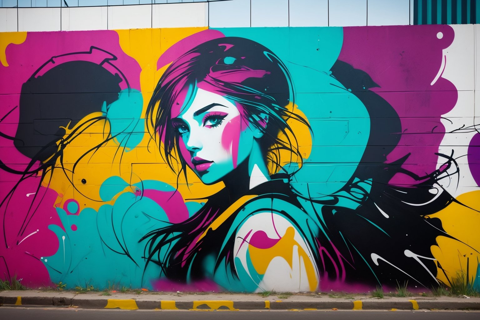 Contemporary street art mural, 1girl, (vibrant graffiti-style wall), A dynamic mix of abstract and figurative elements, brought to life with a bold and captivating color palette.