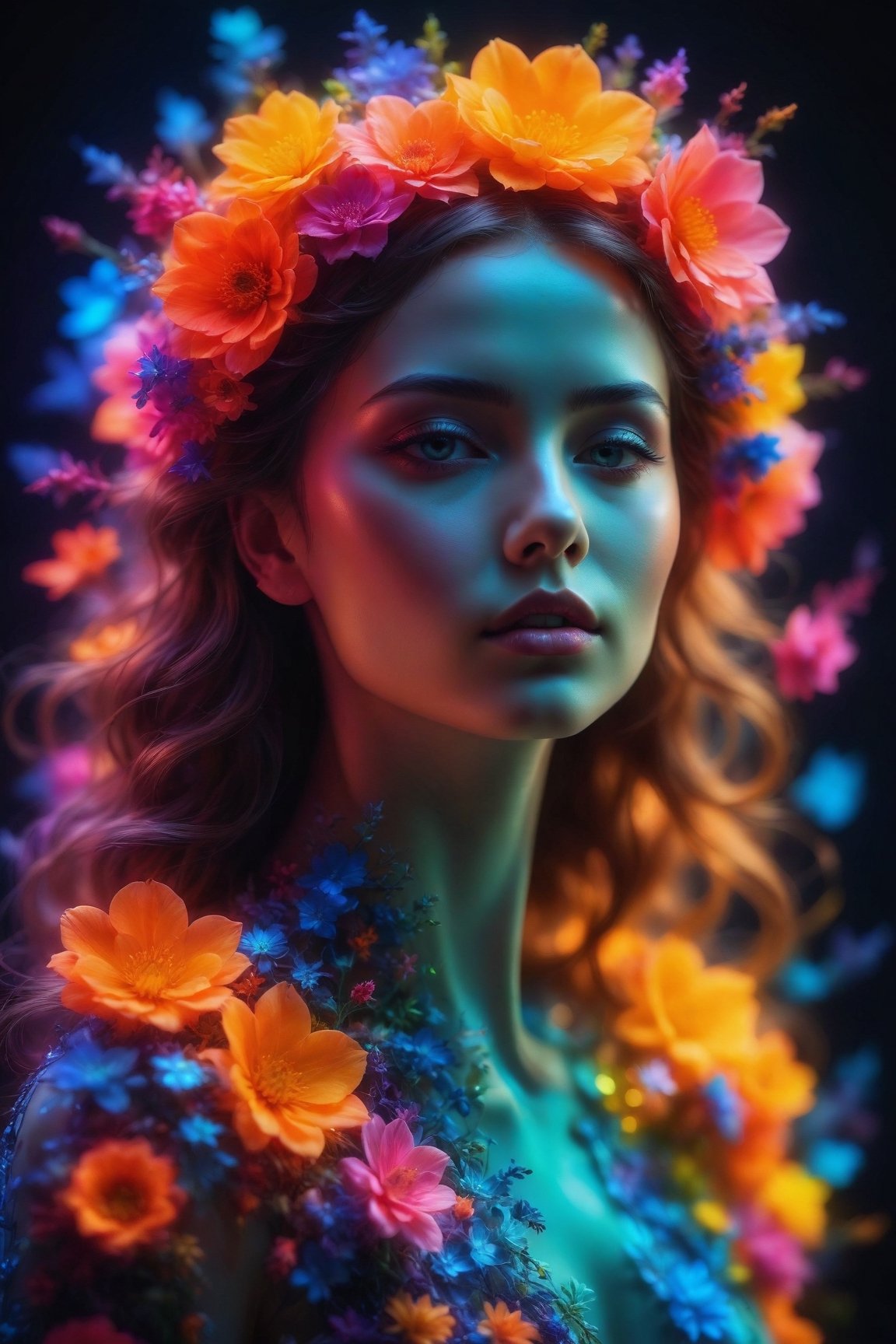 (best quality,8K,highres,masterpiece), ultra-detailed, (woman made of flowers),a woman composed entirely of vibrant flowers, illuminated by a neon glow that casts a colorful aura around her. Each petal and bloom is meticulously arranged to form her graceful figure, creating a mesmerizing and ethereal presence. The neon glow adds a futuristic and dynamic touch to the floral composition, enhancing the vivid colors and bringing the scene to life in a burst of radiant light.