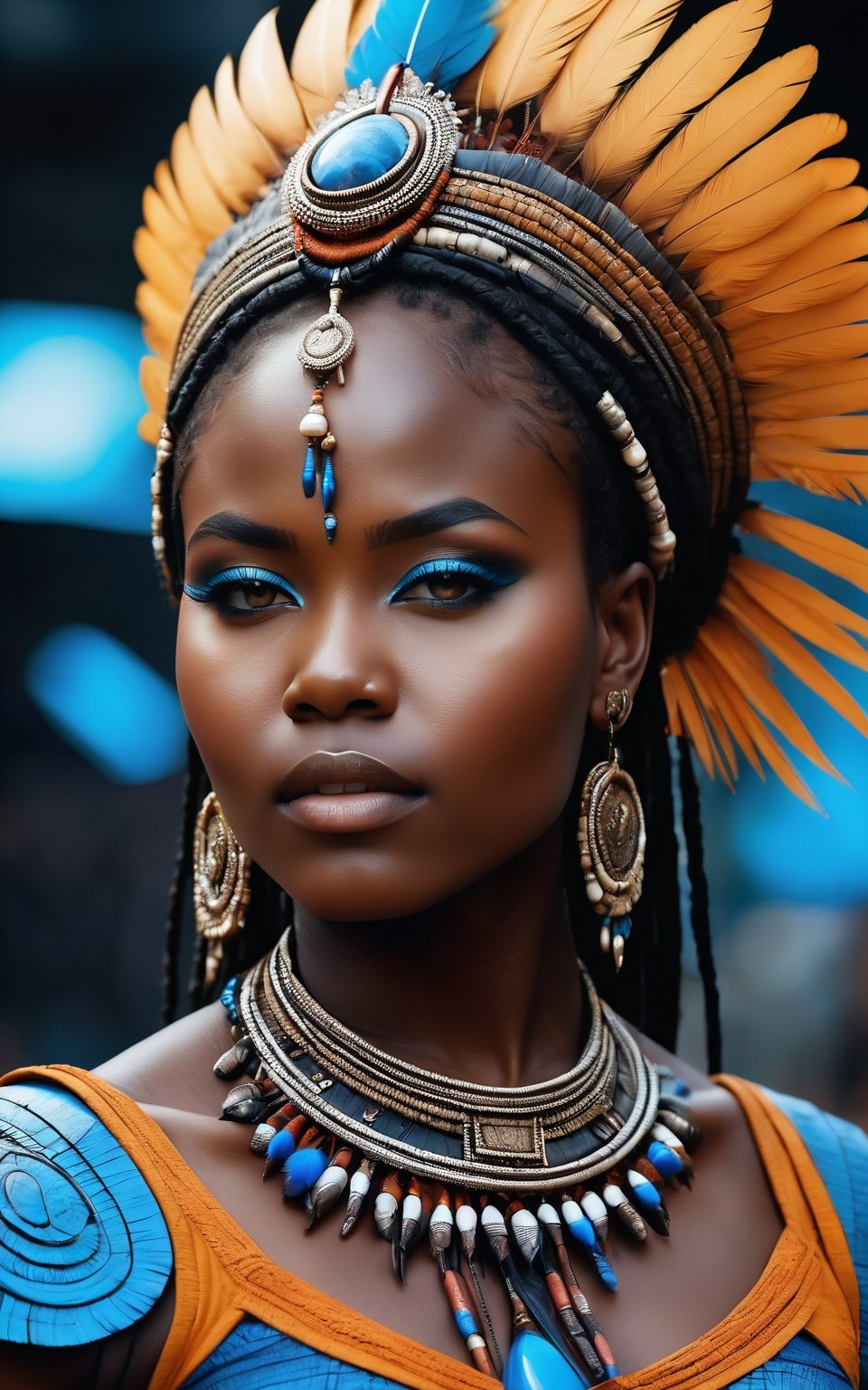 (best quality,8K,highres,masterpiece), ultra-detailed, (medium shot of the most beautiful African girl of the universe), a stunning African girl with a tribal and wild aesthetic. She has a black coal skin texture surface, giving her an exotic and alluring appearance. Adorned in futuristic leather armor and tribal clothes, she wears tribal necklaces adorned with blue feathers, adding to her majestic presence. The medium shot captures her beauty and strength, showcasing her confident and regal demeanor. Feel free to add your own creative touches to enhance the tribal and futuristic elements, as well as the overall beauty of this captivating portrait.