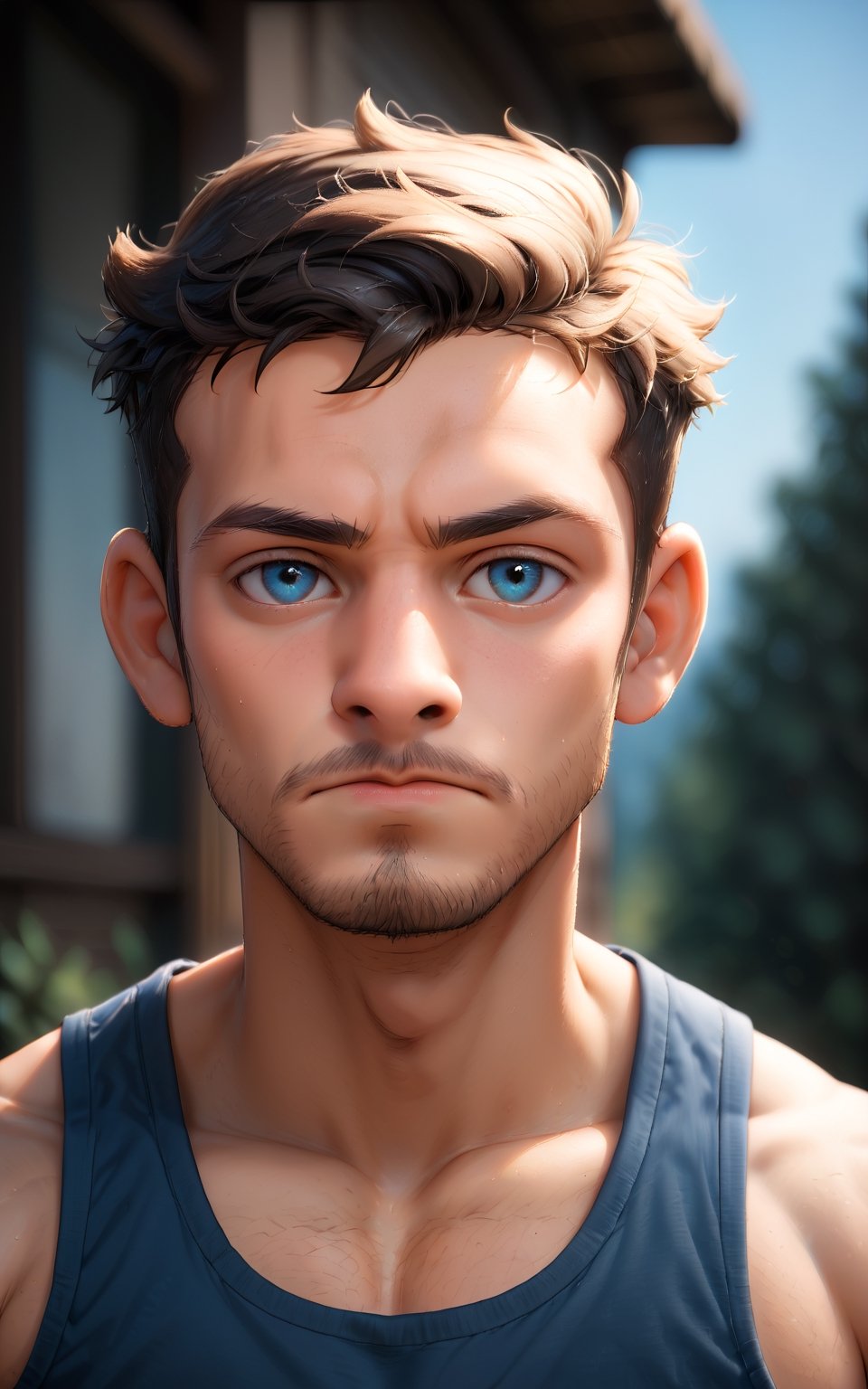 score_9,score_8_up,score_7_up,looking at viewer,short hair,blue eyes,shirt,black hair,1boy,closed mouth,male focus,outdoors,day,blurry background,facial hair,tank top,blue shirt,portrait