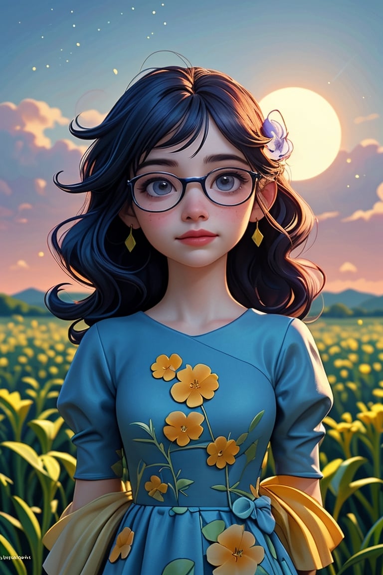 (best quality,portrait,masterpiece:1.2),girl in a blue dress with a hair flower, standing in a vast flower field. The girl is wearing glasses and has beautiful freckles on her face. Above her, the sky is filled with vibrant blue hues, as the sun sets in the distance, casting a warm orange glow. The girl wears delicate earrings that shimmer in the cinematic light.