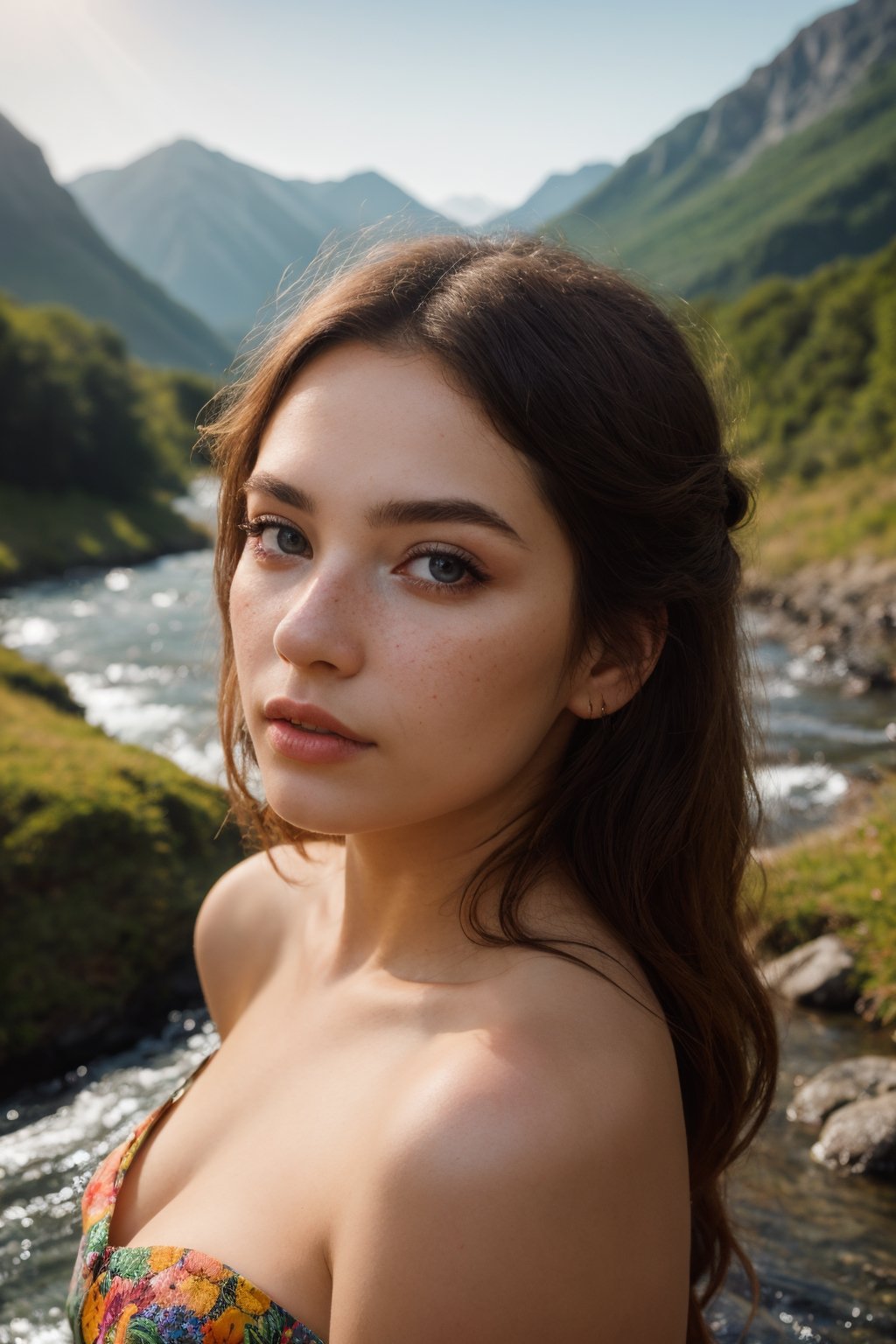 (best quality,8k,highres,masterpiece:1.2),photorealistic,ultra-detailed,vibrant photography of a woman in nature,dramatic lighting,finely detailed beautiful eyes,fine detailed skin,Natural scenery,majestic landscape,colorful flowers,distant mountains,flowing rivers,melting sunset,serene atmosphere,dazzling sunlight,blissful vibes,freckled face,luscious greenery,soft breeze,ethereal beauty