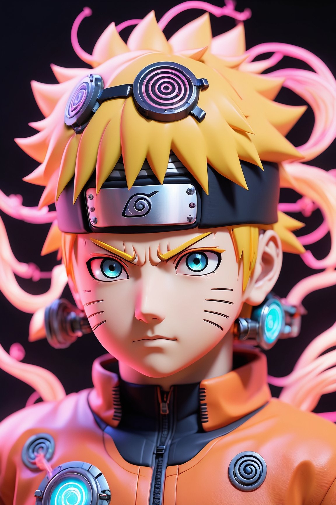 (best quality,8K,highres,masterpiece), ultra-detailed, (cute, Naruto Uzumaki), Naruto Uzumaki in a 3D rendering with a cyborg twist. His body features neon glowing body parts, giving him a mechanical and colorful appearance. Despite the cyborg enhancements, Naruto retains his characteristic cuteness, blending elements of technology and charm in a visually captivating manner.