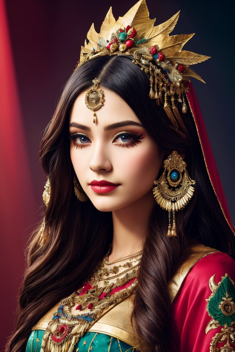 A girl wearing a costume for carnival, with religious images, avoiding the use of feathers. Illustration as the medium, with best quality, 4k resolution, and ultra-detailed. The girl has beautiful detailed eyes and lips, and her face and eyelashes are extremely detailed. She is wearing a vibrant and elaborate costume, adorned with religious symbols and motifs. The costume is made of high-quality materials, resembling a combination of traditional garments and modern designs. It is a masterpiece of craftsmanship, with sharp focus and vivid colors. The overall style is a mix of cultural heritage and contemporary aesthetics. The color palette consists of bright and contrasting hues, emphasizing the festive atmosphere. The lighting captures the richness of the colors and highlights the intricate details of the costume.