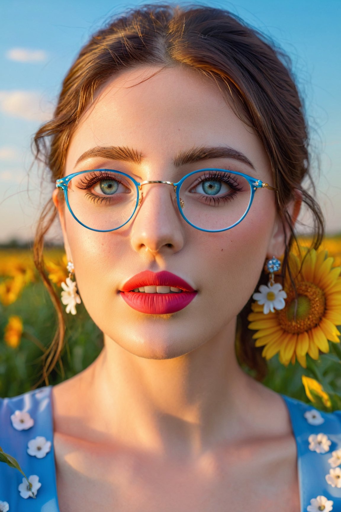 (best quality,highres,masterpiece:1.2),ultra-detailed,(realistic,photorealistic,photo-realistic:1.37),1girl,intricate eyes,longeyelashes,beautiful detailed eyes,beautiful detailed lips,blue dress,happy,freckles,hair flower,earrings,glasses,flower field,blue sky,sunset,Cinematic light