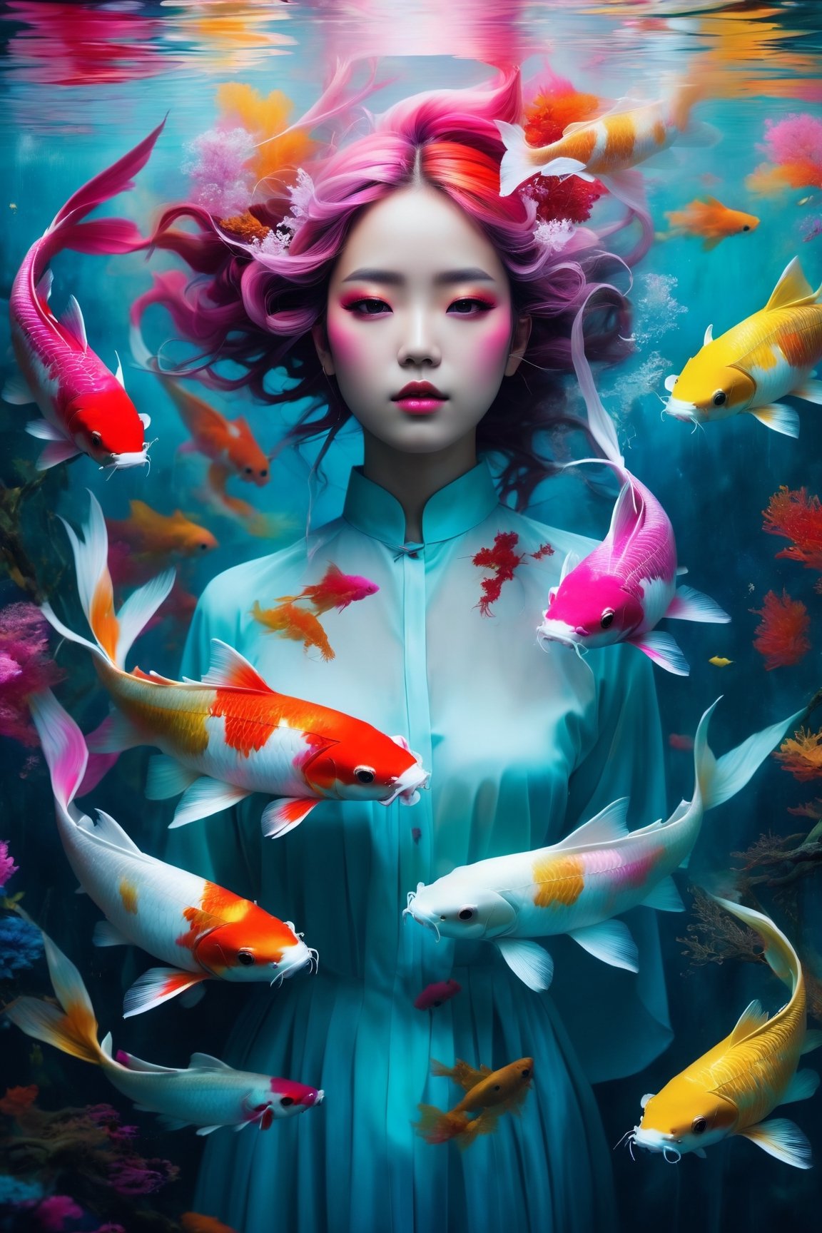 (best quality,8K,highres,masterpiece), ultra-detailed, (photo RAW, hyper-realistic, super colorful) portrait of 2 ghostly long-tailed white koi and a woman. The scene is illuminated with a shiny aura and vibrant colors, including black, dark red, and neon pink. The image features intricate motifs, red filigree, and organic tracery in the style of Januz Miralles, Hikari Shimoda, and glowing stardust by W. Zelmer. The lively coral reef background adds a burst of color, creating a dazzling and award-winning composition in natural light.