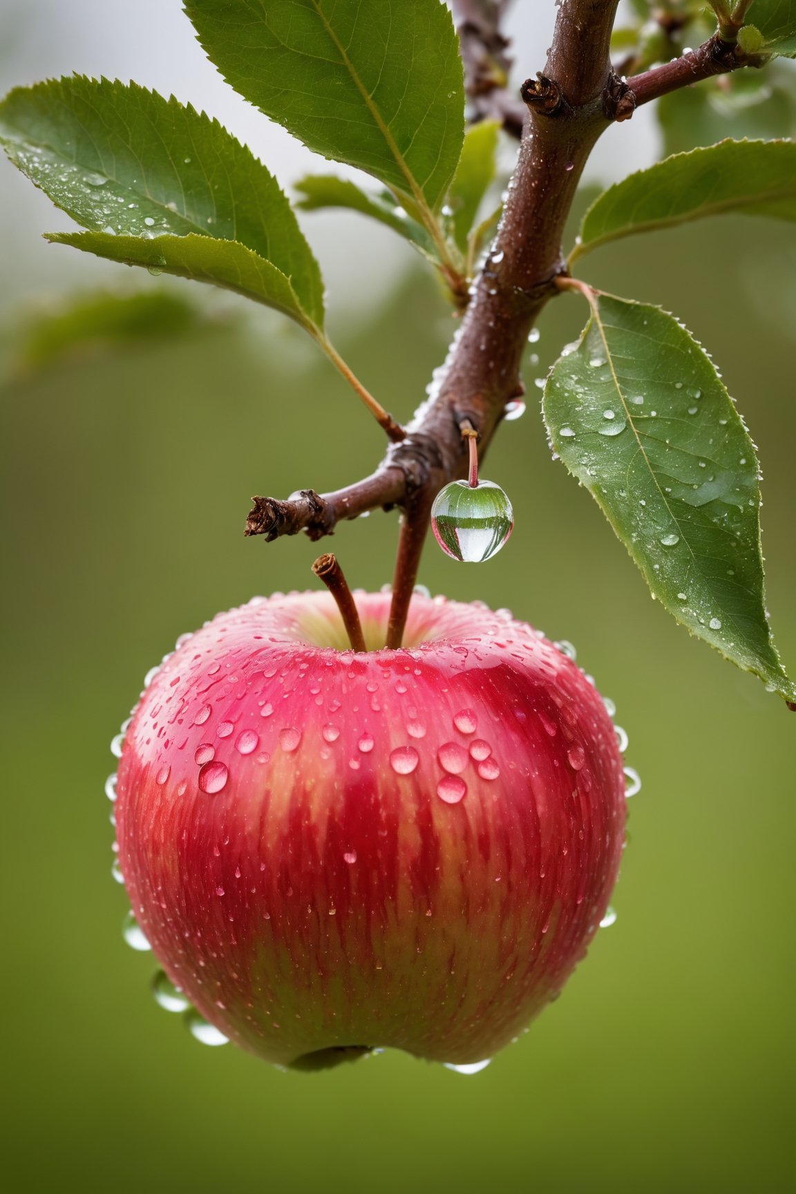 Capture an exquisite macro photograph of an (apple) tree bearing a single (apple), showcasing a (water droplet) in breathtaking detail. The shot should emphasize the (close-up) beauty of nature, with a (sharp focus) and a (high-definition resolution), offering viewers a glimpse into the intricate world of this apple tree and its glistening fruit.