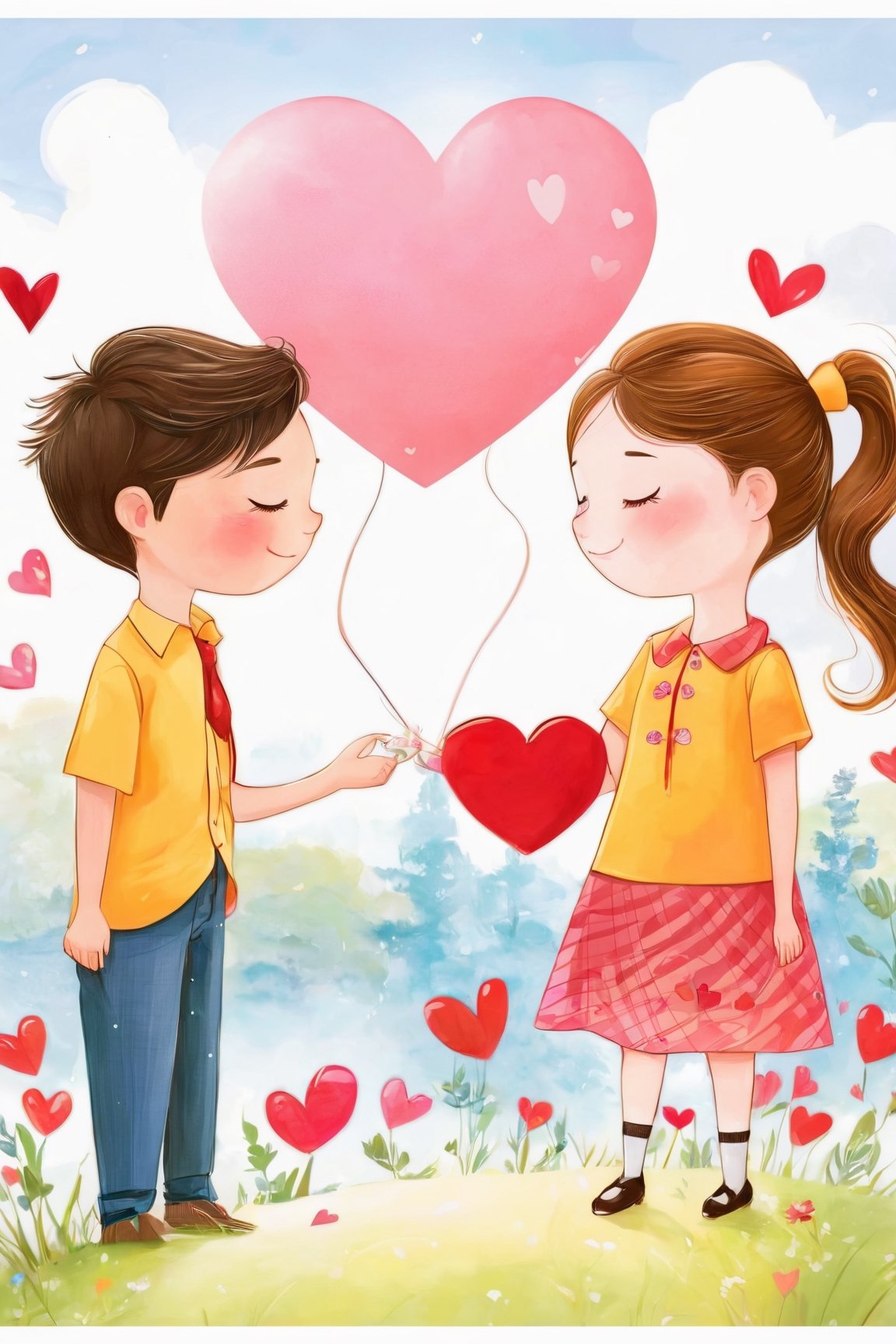 (best quality,8K,highres,masterpiece), ultra-detailed, Valentine's Day inspired scene featuring a couple in a sweet, intimate moment. The girl, with a radiant smile and short brown hair, wears a shirt that contrasts beautifully with the boy's yellow or orange shirt. They are depicted against a stark white background, focusing the viewer's attention on the connection between them. The boy, in a white collared shirt with short sleeves, gently kisses the girl on the cheek, who responds with closed eyes and a content expression, her hair tied back in a practical ponytail. The simplicity of their attire, including the girl's dress and the boy's casual shirt, underscores the genuine and heartfelt emotion of the scene. Blush stickers on their cheeks add a playful, animated touch to their expressions, emphasizing the warmth and affection they share. The artwork captures the essence of young love, symbolized by a heart that encompasses their joy and companionship, celebrating Valentine's Day with a portrayal of innocent and joyful affection.