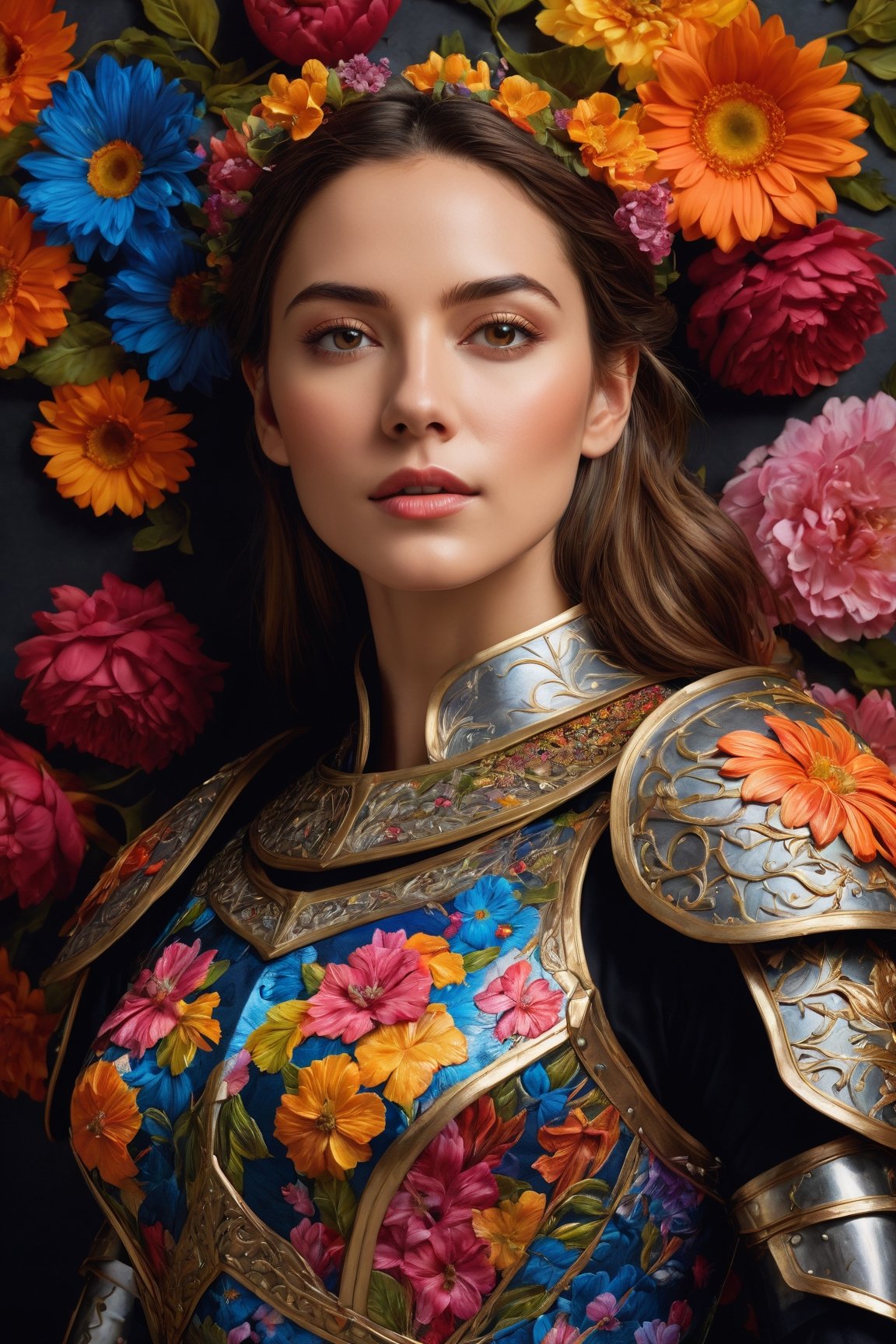 (best quality, realistic, high-resolution), colorful portrait of a woman with flawless anatomy. She is wearing a stunning flower dress that compliments her vibrant personality. Her skin is extremely detailed and realistic, with a natural and lifelike texture. The background is dark, which creates a striking contrast to the colorful flowers adorning her armor. The flowers on her armor represent her strength and beauty. The lighting accentuates the contours of her face, adding depth and dimension to the portrait. The overall composition is masterfully done, showcasing the intricate details and achieving a high level of realism, Realistic