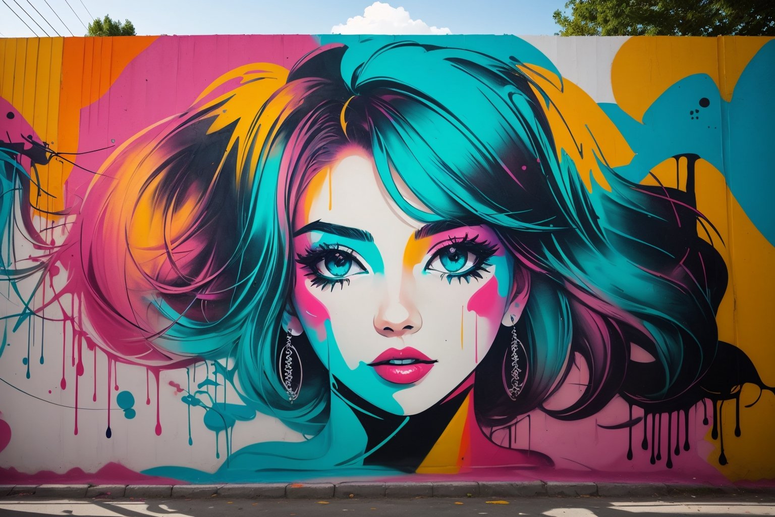 Contemporary street art mural, 1girl, (vibrant graffiti-style wall), A dynamic mix of abstract and figurative elements, brought to life with a bold and captivating color palette.