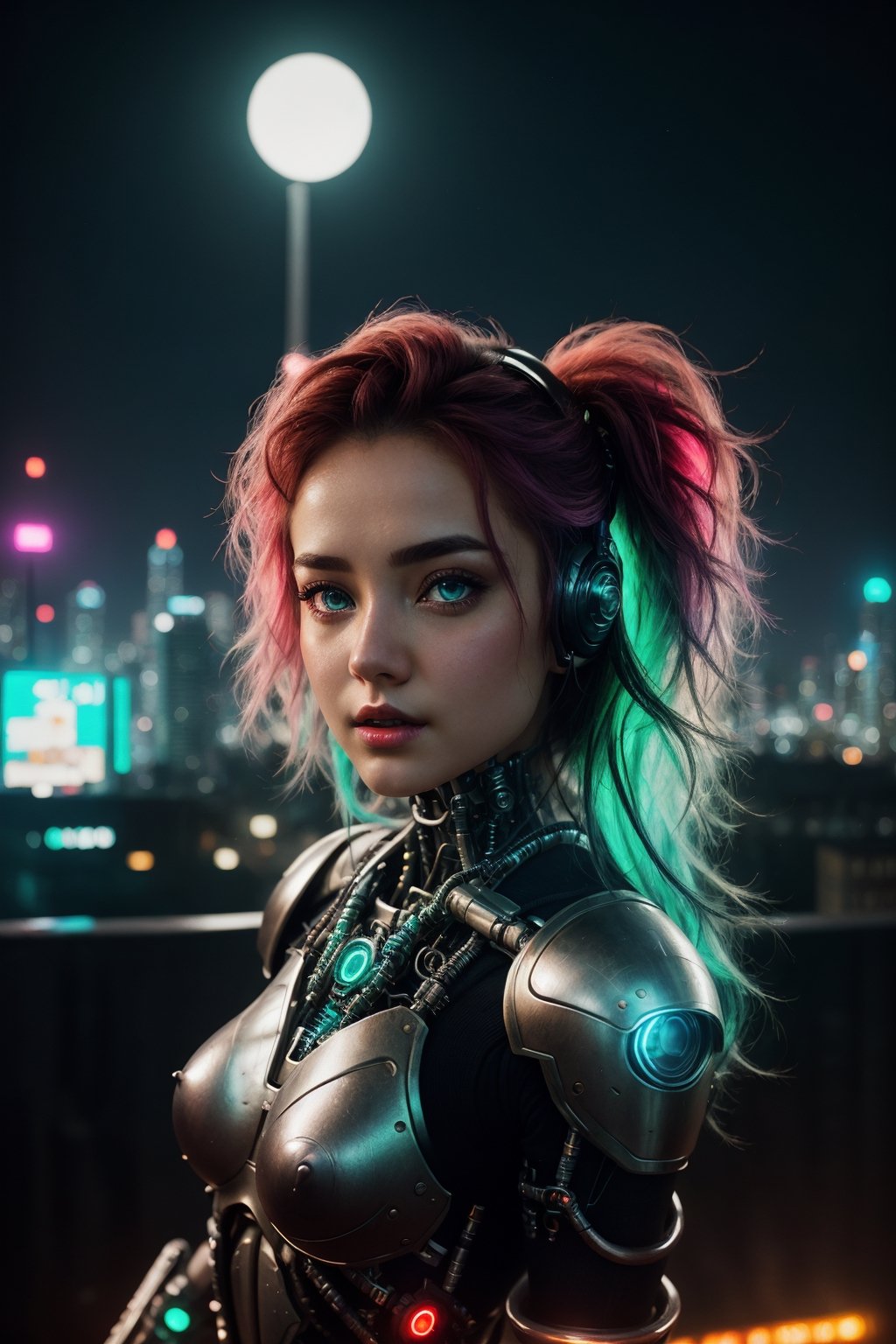 (Intricate details, night, bright neon colors), (flying over futuristic cyberpunk city, detailed background), In a vivid and intricately detailed cyberpunk cityscape illuminated by bright neon colors, a petite and cute cyborg girl soars through the night sky. Her perfect face features bright, glowing red eyes, and she boasts impeccable anatomy, including petite, perky breasts. Her absurdly long gradient red and green hair flows in the wind as she wears a ribbed, impossible bodysuit with shoulder armor and cybernetic limbs, all captured from a dynamic angle,Leonardo