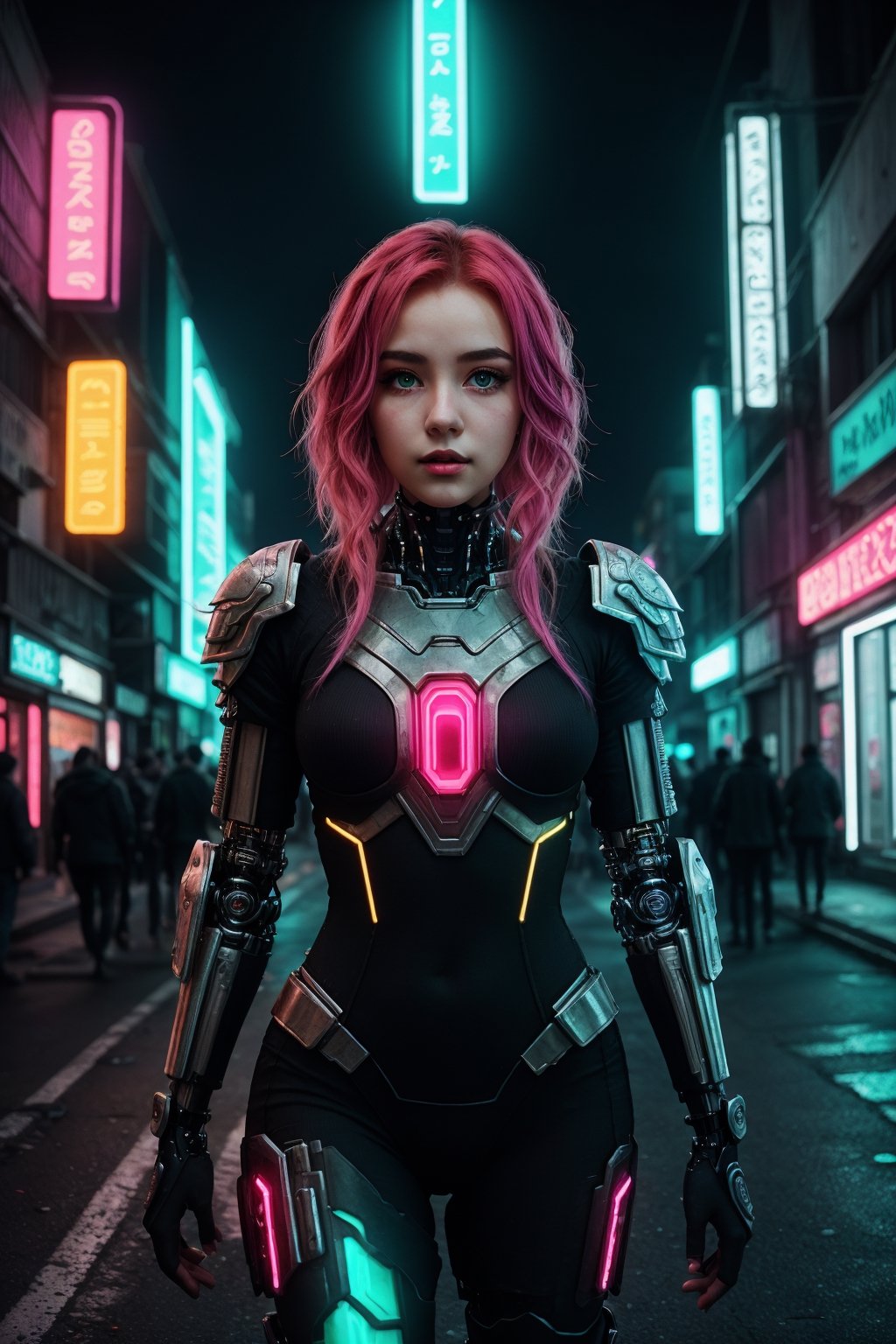 (Intricate details, night, bright neon colors), (futuristic cyberpunk city, detailed background), In the neon-soaked streets of a futuristic cyberpunk city, an intricately designed scene unfolds. A petite cyborg girl with a cute, perfect face and bright, glowing red eyes stands at a dynamic angle. Her absurdly long gradient red and green hair billows in the wind as she wears a detailed ribbed impossible bodysuit, complete with shoulder armor and cybernetic limbs, showcasing her perfect anatomy amidst the vibrant night.