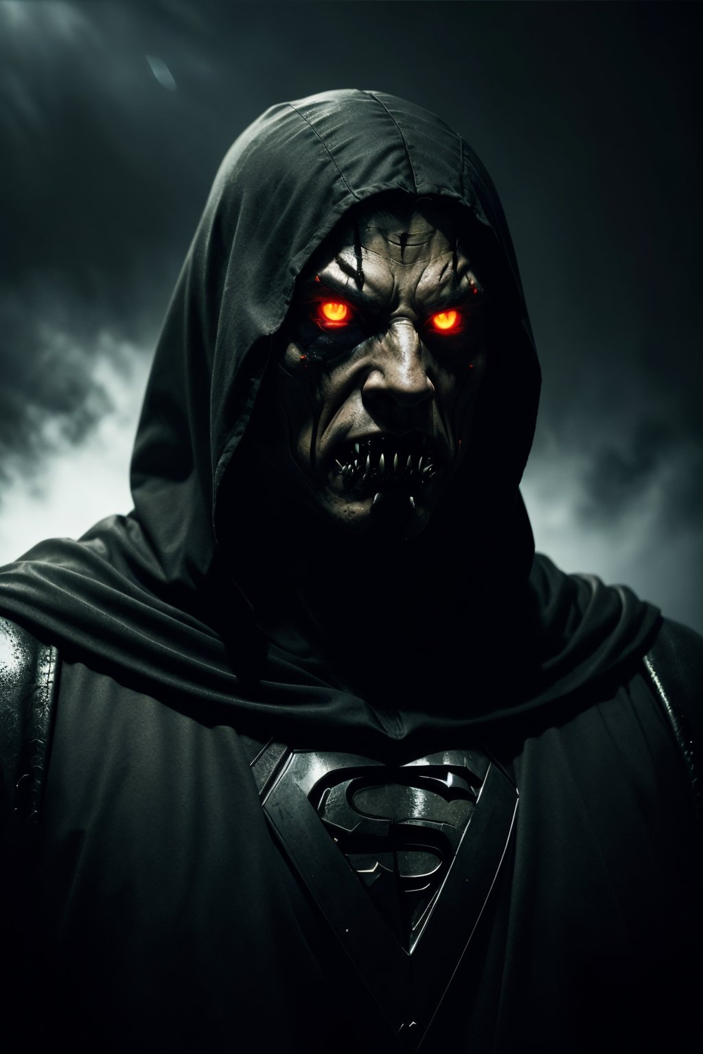 (best quality,4k,8k,highres,masterpiece:1.2),ultra-detailed,(realistic,photorealistic,photo-realistic:1.37),superman as predator,scary,spooky,close-up,portraits,dark ambient lighting,detailed textures,eerie atmosphere,sharp focus,menacing presence,glowing red eyes,ominous expression,ripped muscles,floating menacingly,disappearing cape,gloomy background,high contrast,color grading:dark and desaturated,moody shadows,ominous aura,strong jawline,mystical energy tendrils,foreboding,low-key lighting,dark cape billowing,unearthly power,ethereal glow,haunting presence,menacing smile,hovering in mid-air,cold,calculating,fear-inducing,body armor with spikes,sharp teeth,barely visible in darkness,expressive facial features,demonic appearance