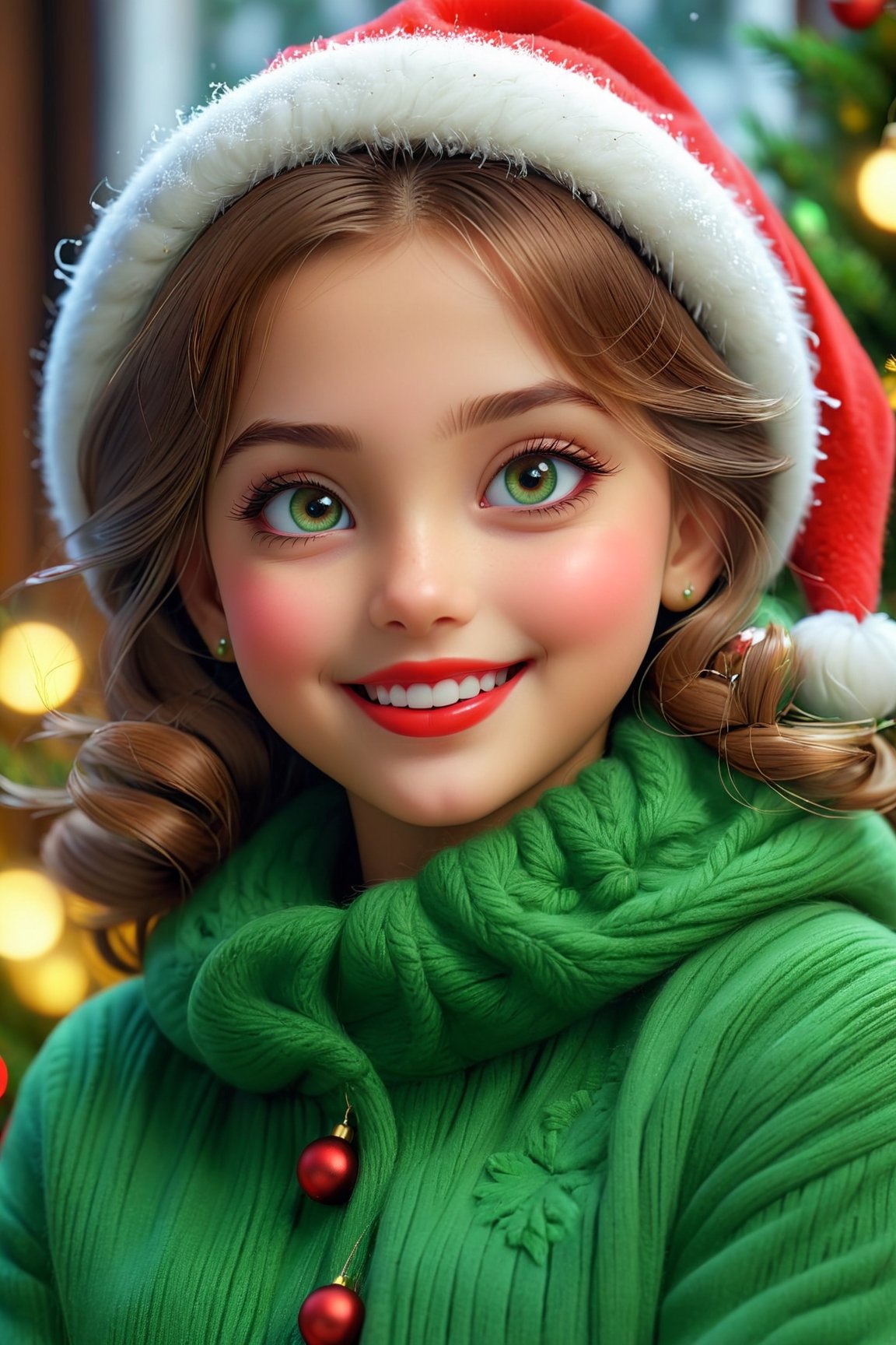 (best quality, 4k, 8k, highres, masterpiece:1.2), ultra-detailed, (realistic, photorealistic, photo-realistic:1.37), cute little girl, cute smile, beautiful detailed eyes, beautiful detailed lips, long eyelashes, portrait, Christmas background, soft lighting, playful expression, red and green color palette, cozy atmosphere, happy mood, warm clothing, decorative ornaments, sparkling snowflakes, joyful celebration, vibrant colors, happy holiday vibes