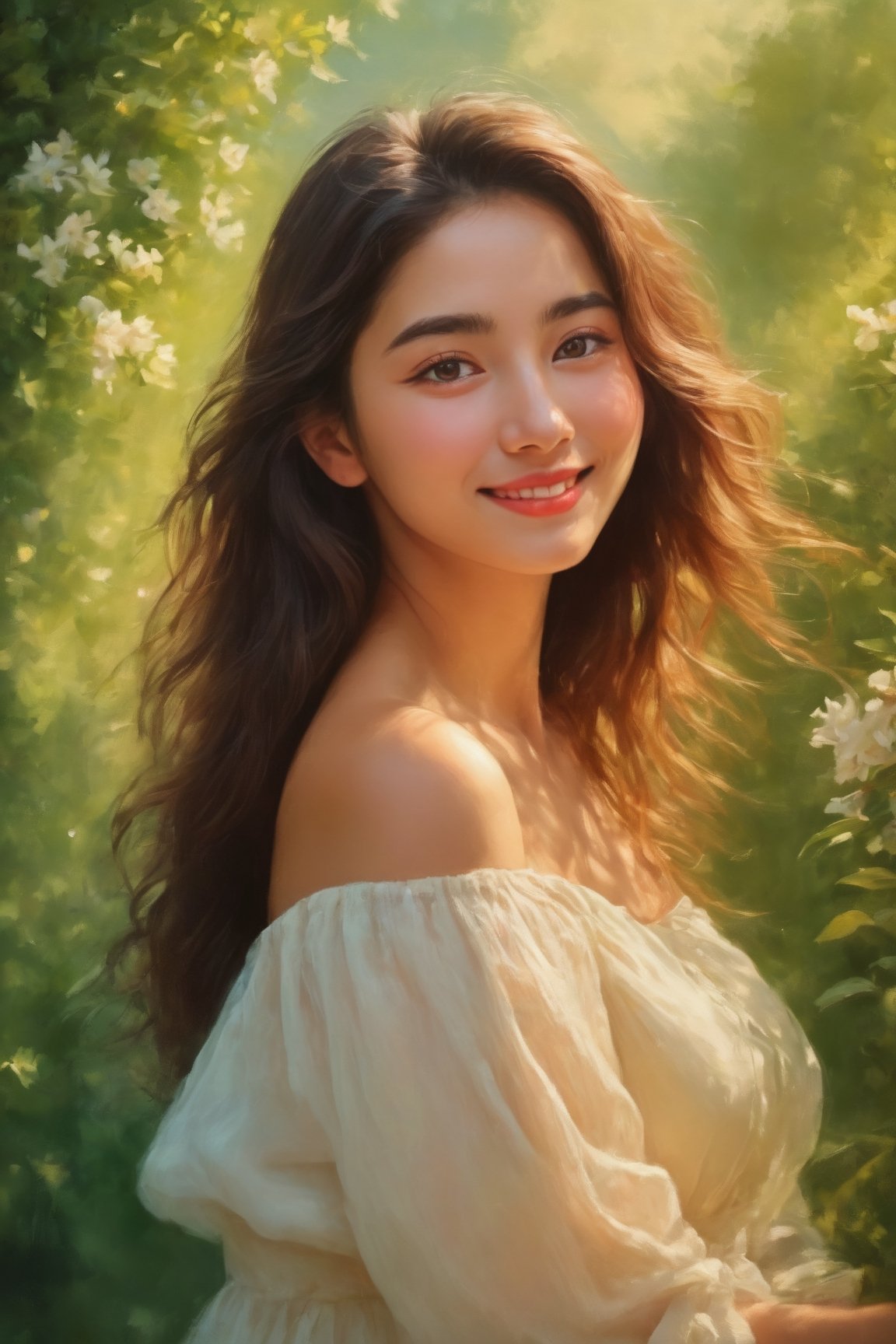 (best quality,masterpiece,ultra high resolution:1.2), ultra-detailed, (realisticity:1.4), original photo, 1girl, brown eyes, cute smile, off-the-shoulders, cinematic lighting, oil painting, vibrant colors, blooming flowers, greenery, warm sunlight, soft shadows, dreamy atmosphere, natural pose, relaxed expression, gentle breeze, blurred background, delicate brushstrokes, graceful movements, golden hour, enchanting ambiance, harmonious composition, tranquil setting, realistic texture, mesmerizing gaze, ethereal beauty, artistic charm, captivating scene.