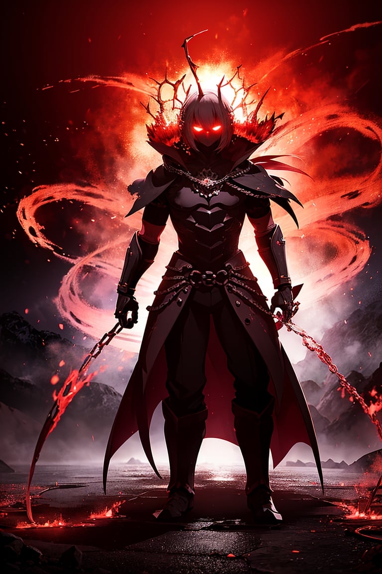 (Anime-style:1.3), (Dark and intense:1.2), A striking anime character, shrouded in shadows and poised for battle, stands against a deep crimson background adorned with menacing chains. Glowing red hollow fire particles dance around the scene, creating an otherworldly ambiance. The unique pastel look adds an ethereal touch to this dramatic and visually intense composition.