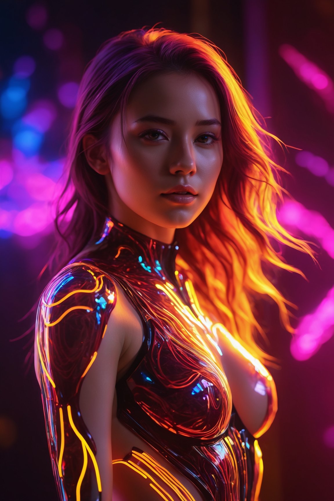 silhouette of a woman, phantasmagorical figure, translucent skin, translucent body, portrait, neon lights, light particles, colorful, cmyk colors, backlit, best quality, 4k, 8k, highres, masterpiece:1.2, ultra-detailed, HDR, UHD, studio lighting, ultra-fine painting, sharp focus, physically-based rendering, extreme detail description, professional, vivid colors, bokeh, portraits, landscape, horror, anime, sci-fi, photography, concept artists, vibrant color palette, soft and warm lighting