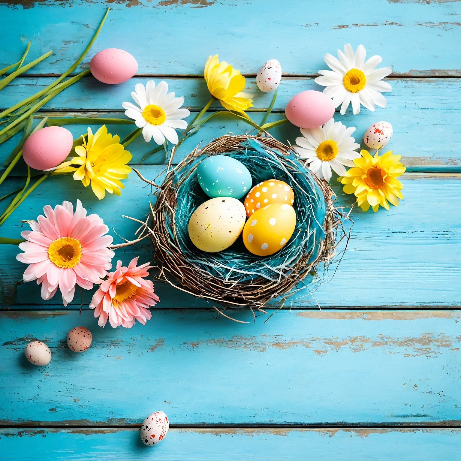 AiArtV,Happy Easter,colorful,easter theme,background, a nest with eggs and flowers on a blue wooden table