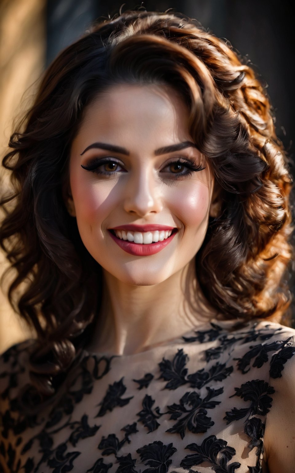 (best quality,4k,8k,highres,masterpiece:1.2),ultra-detailed,(realistic,photorealistic,photo-realistic:1.37), woman, beautiful smile,smiling face,detailed eyes,detailed lips,delicate nose,soft skin,brown wavy hair,elegant posture,feminine charm,graceful dress,fine details,gorgeous background,vibrant colors,subtle lighting,portraits