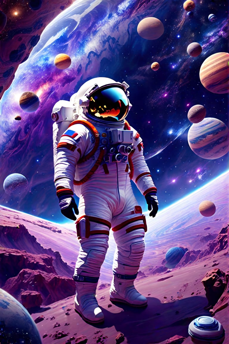 an astronaut standing on the surface of a planet surrounded by planets and other space objects, looking up at the sky,outer space