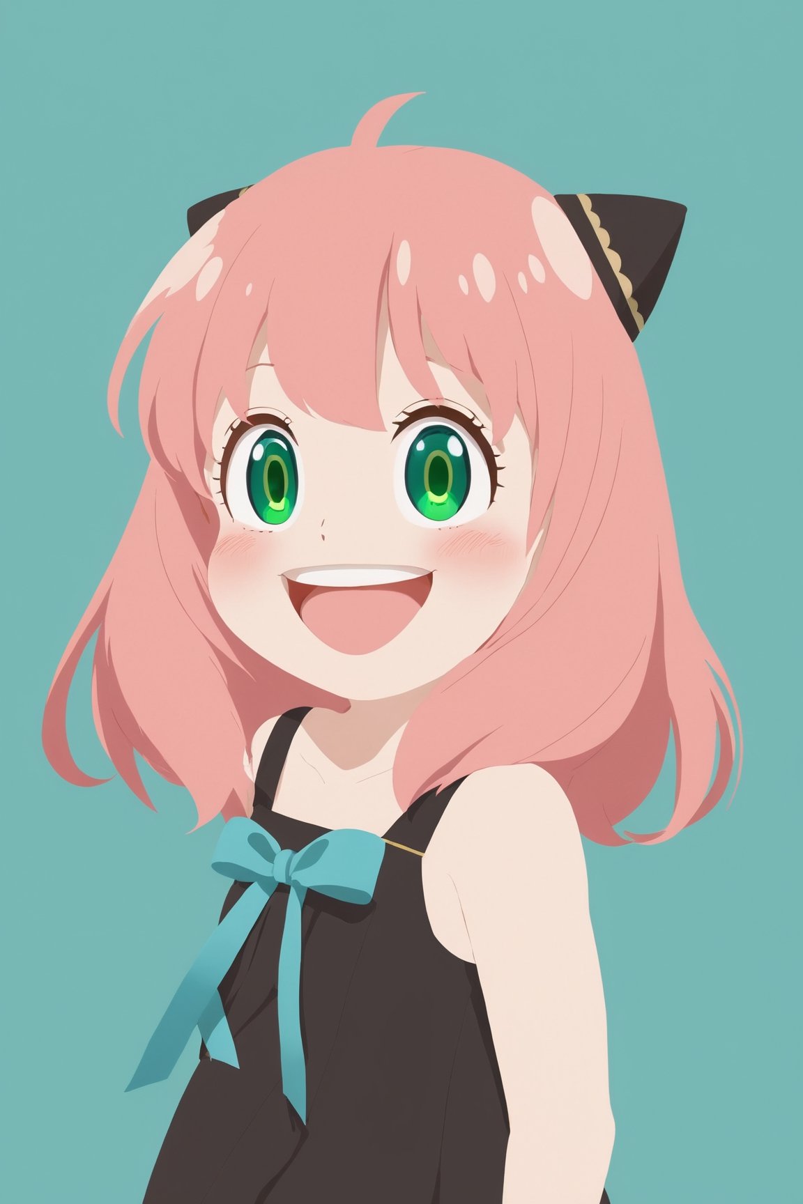 anya forger, 1girl, solo, looking at viewer, blush, smile, open mouth, bangs, simple background, dress, ribbon, green eyes, collarbone, upper body, pink hair, ahoge, :d, teeth, medium hair, black dress, upper teeth only, blue background, child, female child, anya (spy x family)