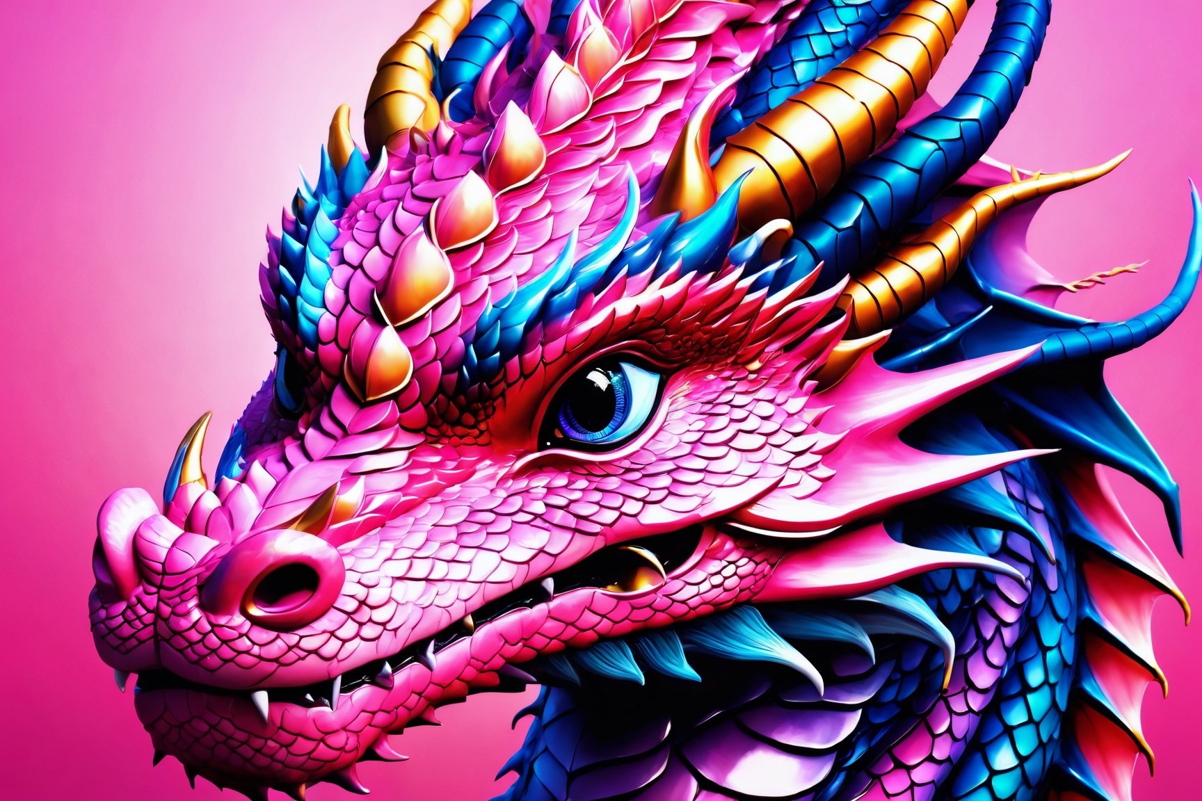 (best quality,8K,highres,masterpiece), ultra-detailed, (super colorful, pink dragon face), featuring the delightful and vibrant visage of a baby dragon. This enchanting dragon, with a cheerful smile, captivates the viewer as it gazes directly into their eyes. The background is a simple yet vivid white, accentuating the dragon's presence. Its expressive eyes, composed of deep black, are surrounded by a dazzling array of shades of pink that adorn its face, creating a mesmerizing and harmonious display of color. The dragon's distinctive features, including its unique head wings, fuse seamlessly into this radiant and fantastical portrayal of a pink dragon's face.