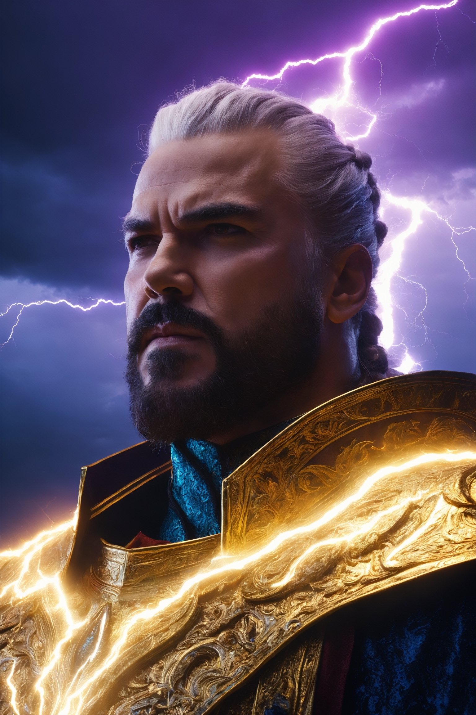 (best quality, UHD, ultra-detailed, masterpiece), (ultra-realistic, photorealistic), A breathtaking UHD portrait depicting the imposing Thunder God, his electrifying lightning strikes illuminating the sky in vibrant violet and cyan hues. Rendered with the precision of the Luminous Studio graphics engine and the brilliance of Octane render, the scene is enveloped in a cloudy haze, with fiery embers dancing around his thunderous crown.