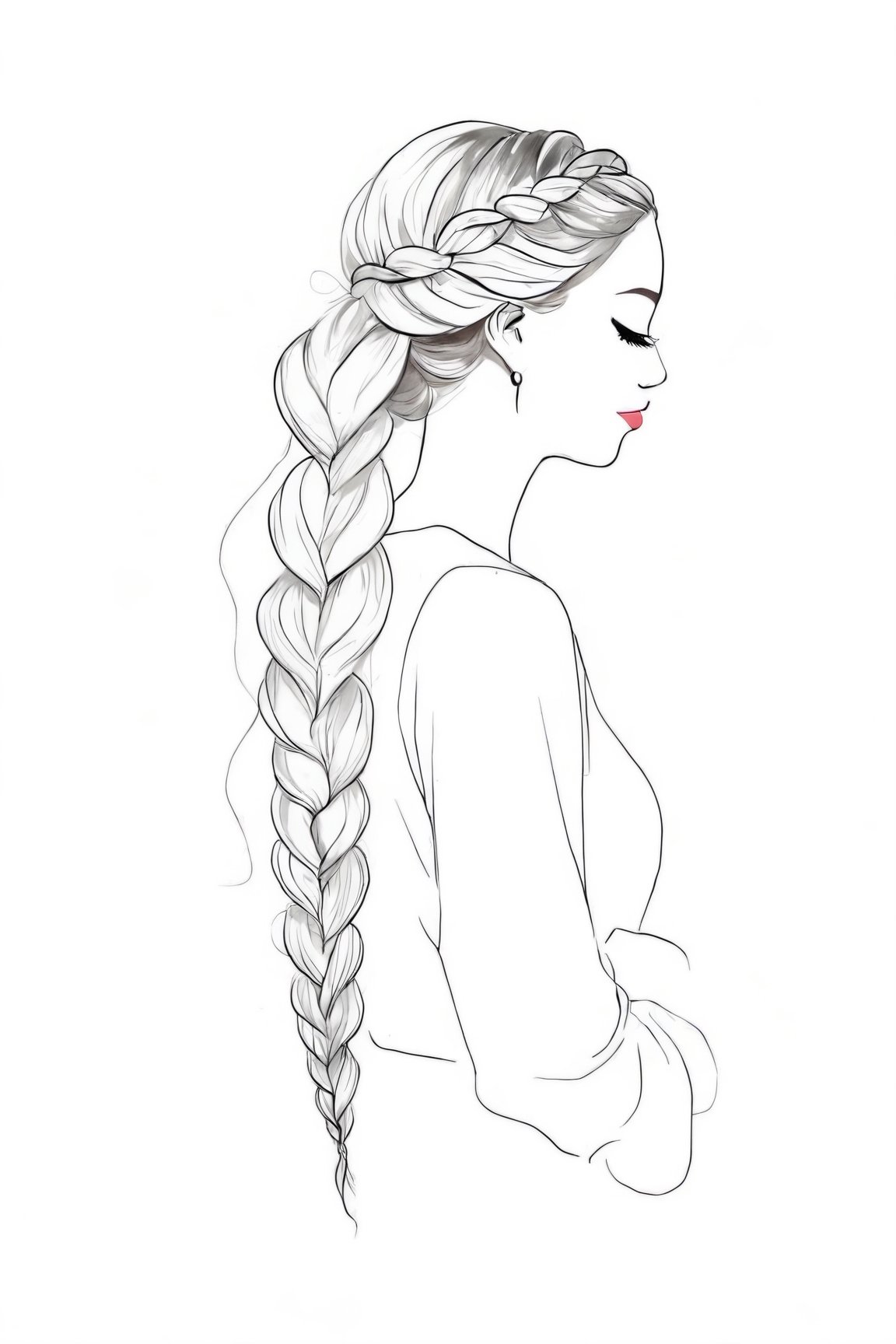 Fashion Illustration, 1girl,solo,long hair,simple background,white background,closed eyes,braid,heart,profile,hair over shoulder,limited palette