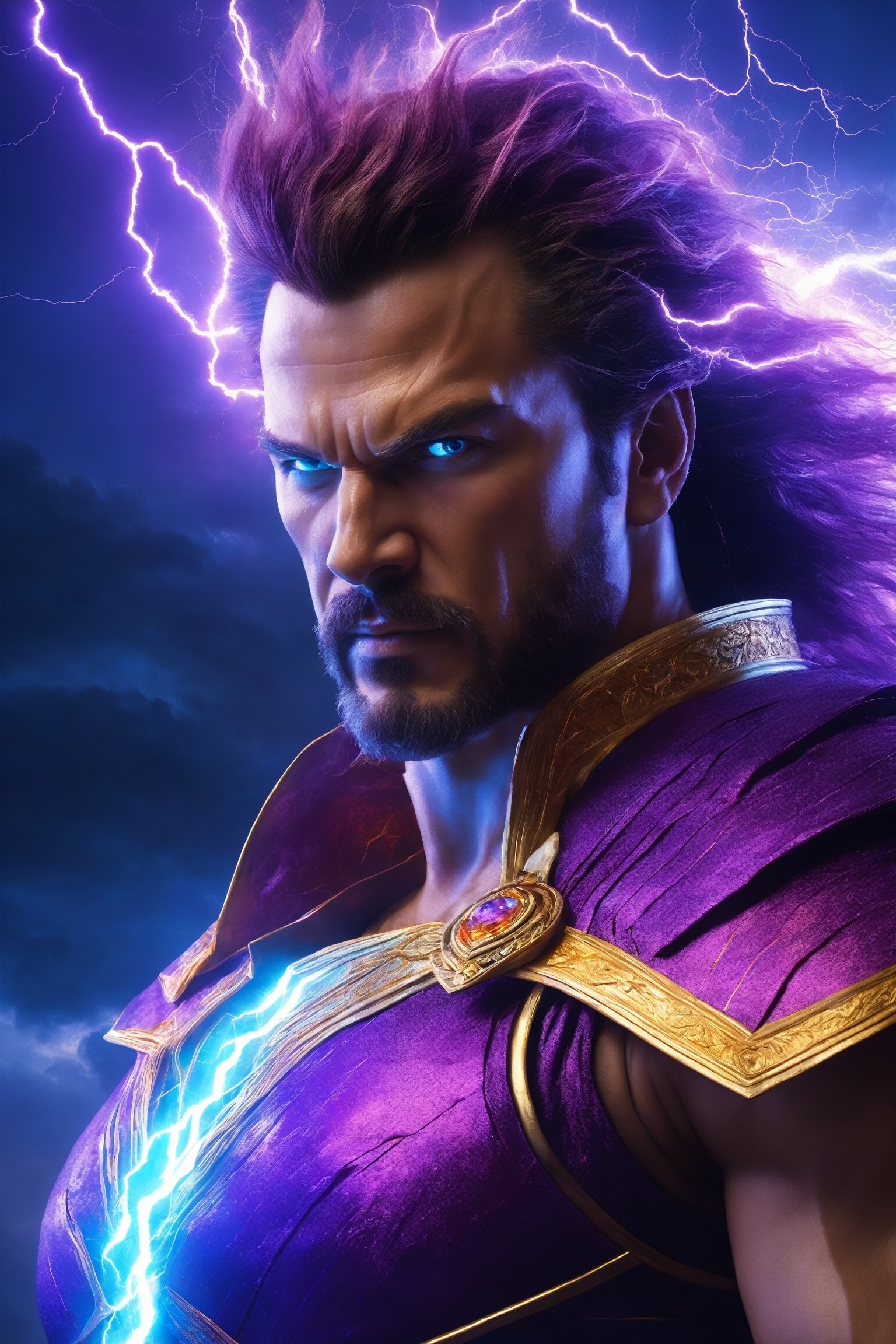 (best quality, UHD, ultra-detailed, masterpiece), (ultra-realistic, photorealistic), A breathtaking UHD portrait depicting the imposing Thunder God, his electrifying lightning strikes illuminating the sky in vibrant violet and cyan hues. Rendered with the precision of the Luminous Studio graphics engine and the brilliance of Octane render, the scene is enveloped in a cloudy haze, with fiery embers dancing around his thunderous crown.