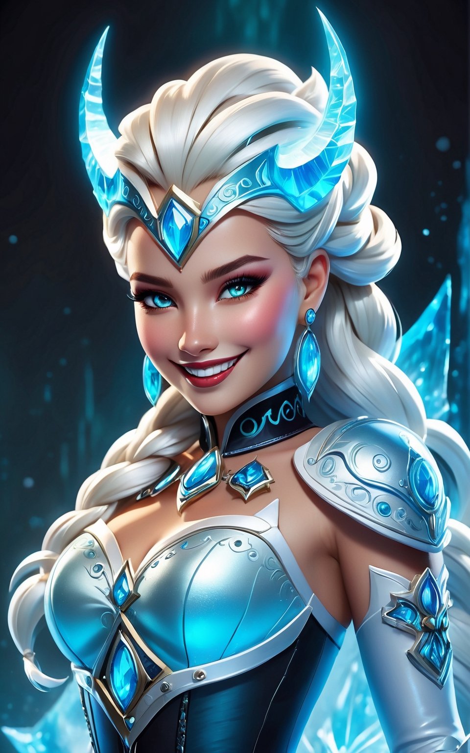 (best quality,8K,highres,masterpiece:1.5), an icy and vibrant depiction of Elsa in a steampunk-demon fusion, standing amidst an icy field. Her gaze is locked onto the viewer with an angry expression, embodying the fierce warrior spirit within her. Clad in intricate warrior armor adorned with icy blue and white lighting, Elsa exudes a commanding presence against the minimalist icy backdrop. The steampunk-demon fusion is evident in her horned headpiece and demonic-inspired elements integrated into her attire. Despite the minimalist detail, vibrant colors punctuate the scene, capturing the essence of her icy powers and fiery determination. This artwork, presented in a cowboy shot, portrays Elsa as a formidable and captivating figure, with earrings adding a subtle yet stylish touch to her appearance.