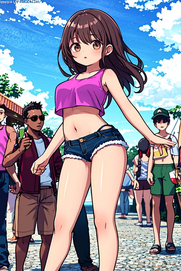 1girl, long hair, breasts, looking at viewer, large breasts, brown hair, shirt, navel, holding, brown eyes, underwear, standing, outdoors, multiple boys, sky, shorts, sleeveless, solo focus, day, midriff, dark skin, lips, crop top, short shorts, black shorts, sandals, denim, web address, denim shorts, pink shirt