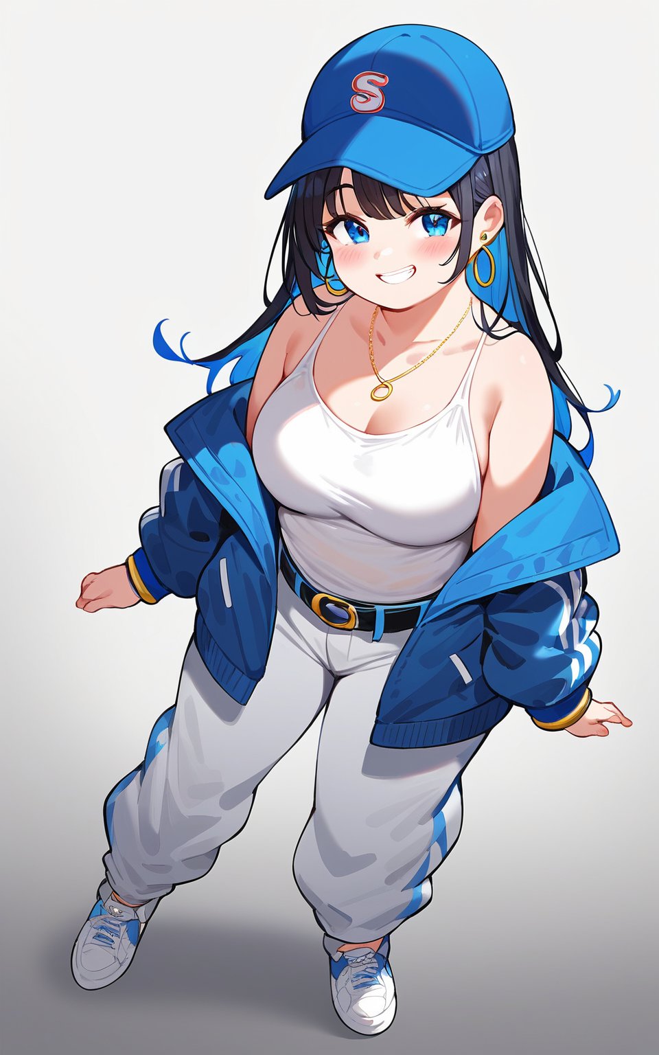 score_9,score_8_up,score_7_up, 1girl,long hair,looking at viewer,blush,smile,bangs,blue eyes,shirt,black hair,long sleeves,hat,white background,bare shoulders,jewelry,medium breasts,blue hair,standing,collarbone,jacket,full body,white shirt,earrings,open clothes,shoes,alternate costume,belt,pants,grey background,necklace,off shoulder,grin,bracelet,open jacket,gradient,gradient background,white footwear,tank top,blue jacket,sneakers,clothes writing,baseball cap,blue headwear,hoop earrings,white pants,white tank top,baggy pants