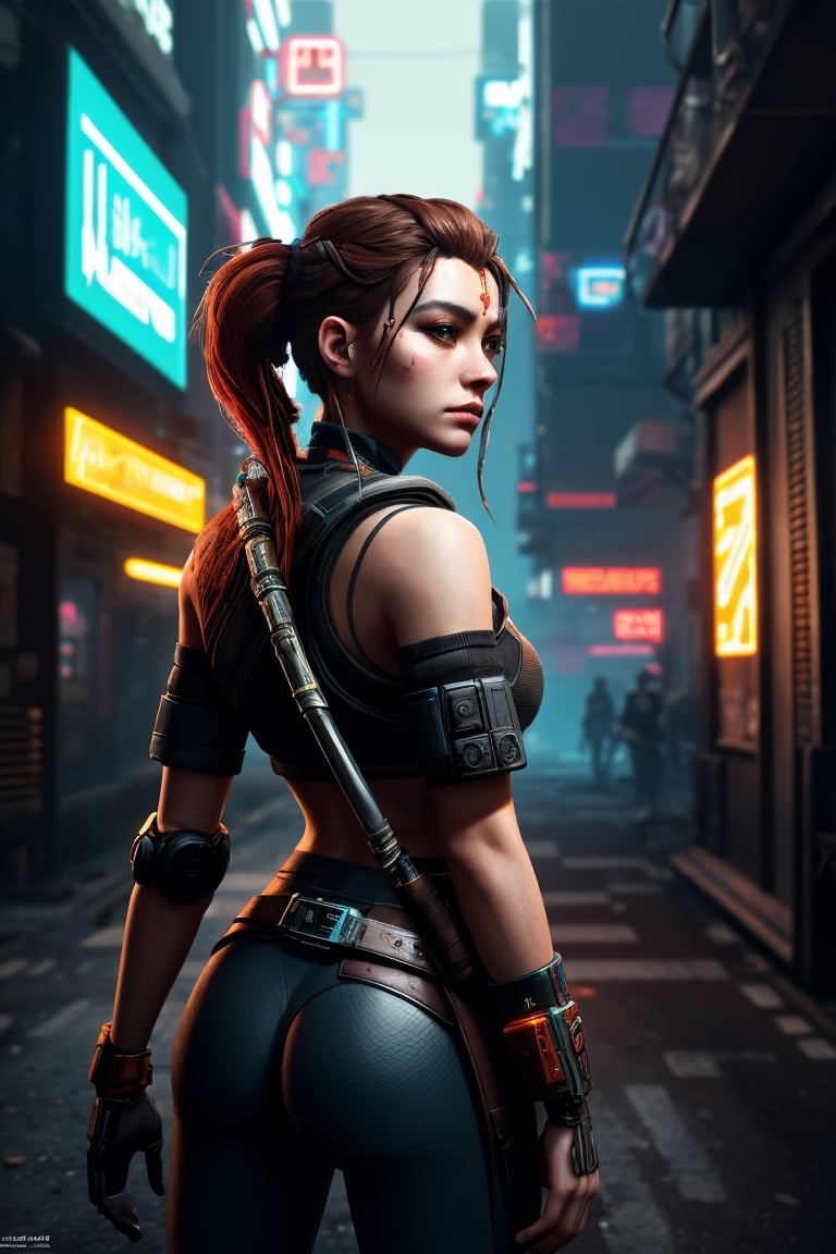 (best quality, 4K, 8K, highres), ultra-detailed, (futuristic cyberpunk illustration) portraying an American Caucasian heroine reminiscent of Aloy from Horizon Zero Dawn. Immerse yourself in a mesmerizing digital realm where this iconic character dons a cutting-edge cyberpunk ensemble, covering her entire figure. The high-resolution artwork unveils a world of urban sleekness, featuring Aloy in a sleek and modern cyberpunk outfit that gleams with reflective surfaces and neon accents, creating a visually striking and technologically advanced aesthetic. The artist's skilled strokes vividly capture Aloy's determination and strength, with atmospheric lighting that intensifies the cyberpunk ambiance. An exceptional masterpiece that seamlessly fuses gaming and cyberpunk elements, presenting Aloy in a new light that resonates with awe-inspiring futuristic glory.