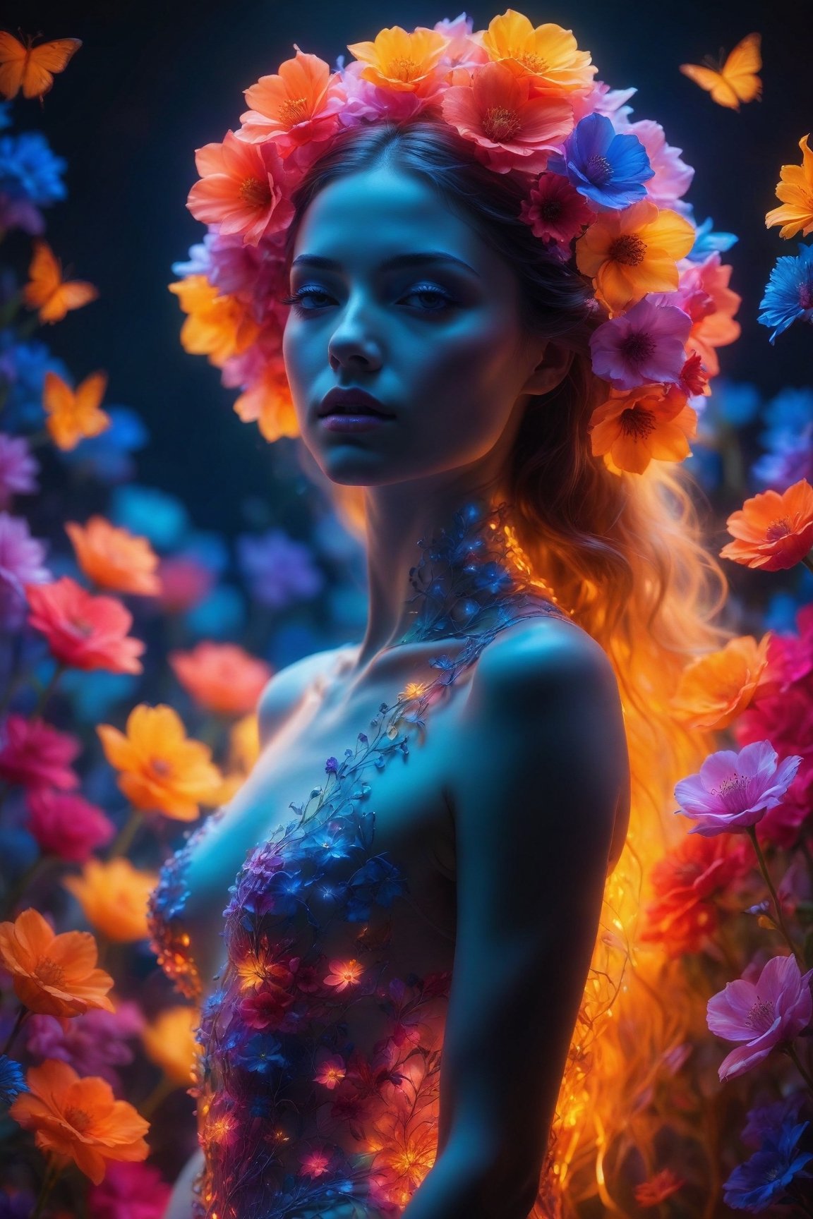 (best quality,8K,highres,masterpiece), ultra-detailed, (woman made of flowers),a woman composed entirely of vibrant flowers, illuminated by a neon glow that casts a colorful aura around her. Each petal and bloom is meticulously arranged to form her graceful figure, creating a mesmerizing and ethereal presence. The neon glow adds a futuristic and dynamic touch to the floral composition, enhancing the vivid colors and bringing the scene to life in a burst of radiant light.