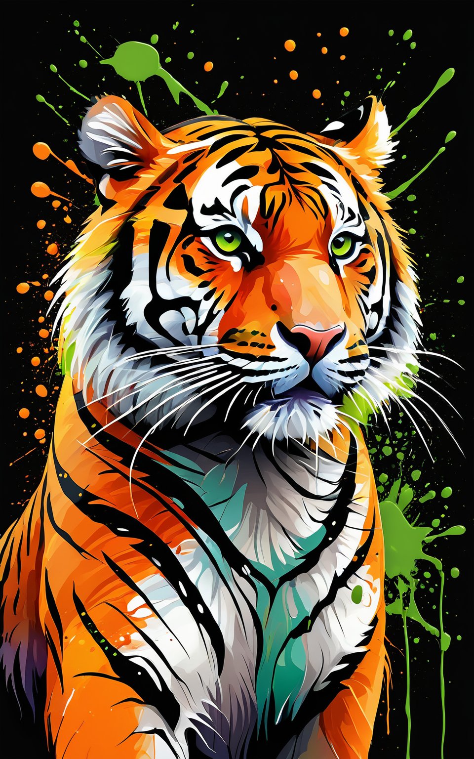 (Artistic bird illustration, high resolution, painted style, colored paint splatters), a [Tigger] depicted in a painted style with dynamic and vibrant paint splatters. The main colors are [orange] and [green], set against a [black] background. The artwork captures the lively essence of the [Tigger] through the use of bold paint splatters, creating a visually striking and energetic composition.