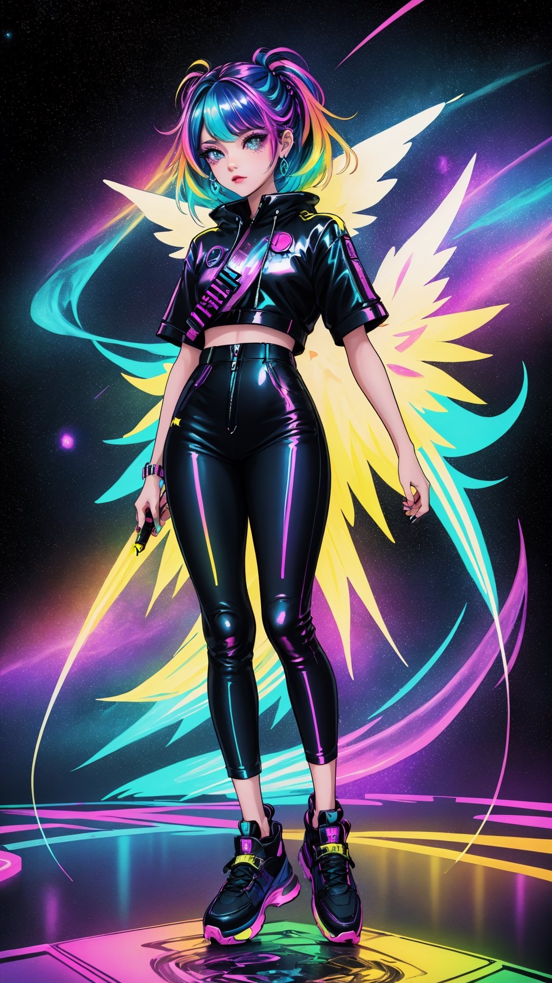 Nostalgia 90s marker art - angelic cyberpunk woman, marker style outlines, eyeliner makeup, lost in space(stars, glints, galaxy background), floating pose, streetwear design, pro vector, full design, solid colors, warm colors, cinematic sci-fi background, rainbow hair, copic, micron liner