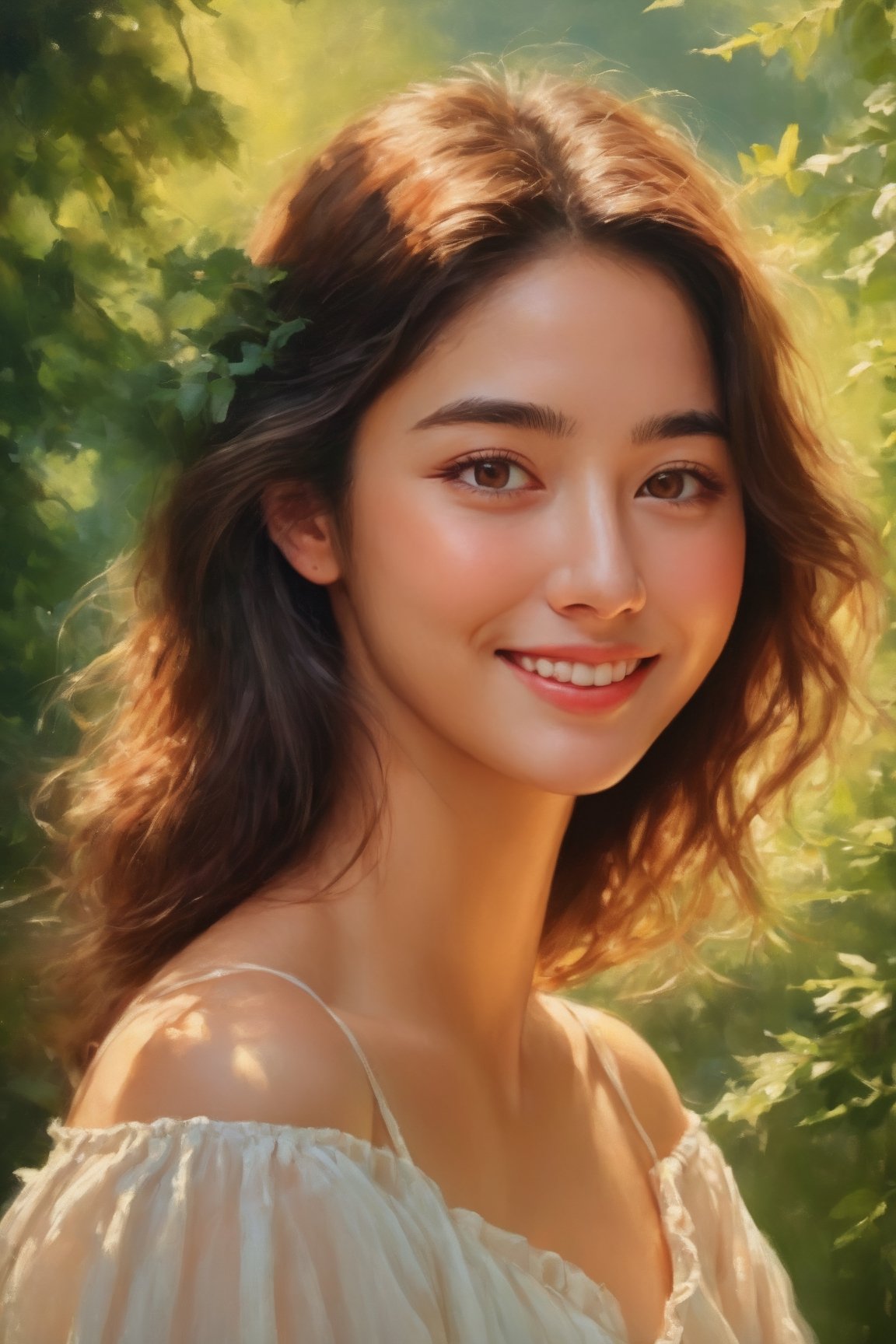 (best quality,masterpiece,ultra high resolution:1.2), ultra-detailed, (realisticity:1.4), original photo, 1girl, brown eyes, cute smile, off-the-shoulders, cinematic lighting, oil painting, vibrant colors, blooming flowers, greenery, warm sunlight, soft shadows, dreamy atmosphere, natural pose, relaxed expression, gentle breeze, blurred background, delicate brushstrokes, graceful movements, golden hour, enchanting ambiance, harmonious composition, tranquil setting, realistic texture, mesmerizing gaze, ethereal beauty, artistic charm, captivating scene.