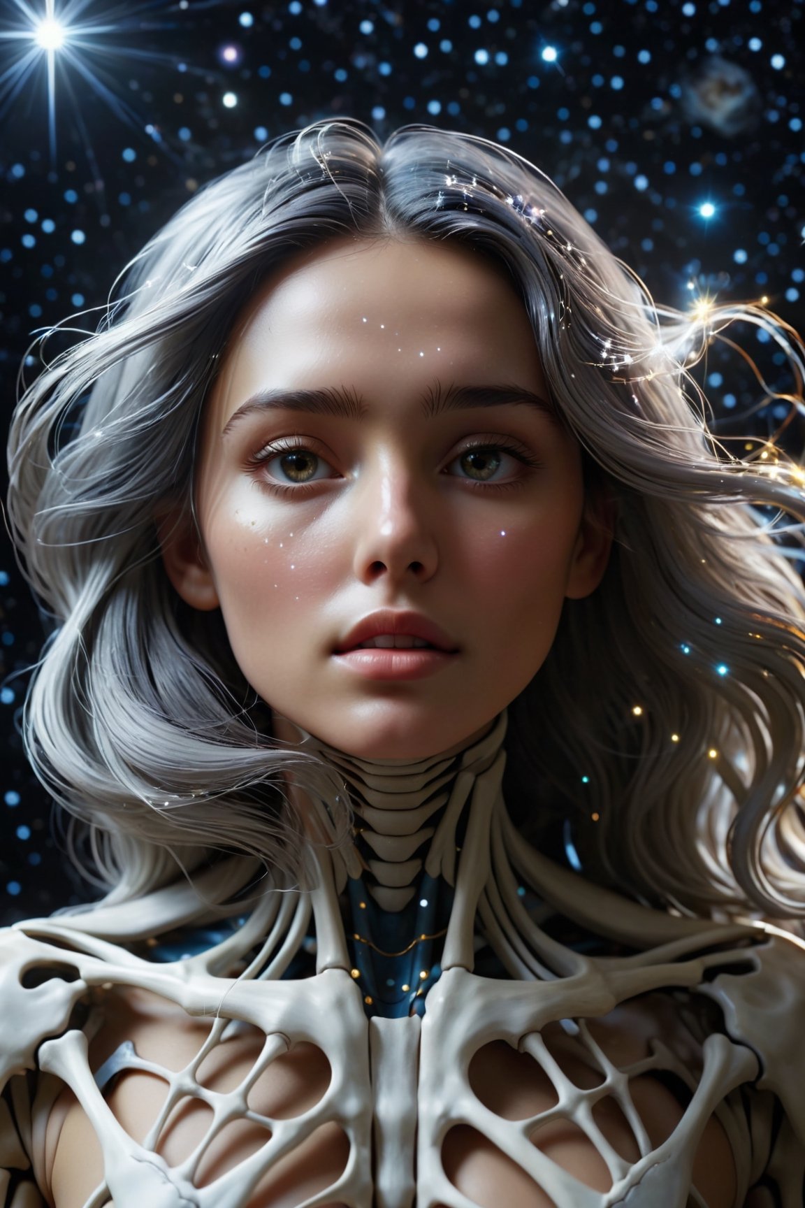 (best quality,8K,highres,masterpiece), ultra-detailed, featuring a woman with her face obscured by a grey square, set against a cosmic, star-filled background. The woman appears to be wearing or integrated with an intricate skeletal structure that is white and somewhat luminescent. The cosmic backdrop bathes the scene in a mesmerizing array of stars and galaxies, creating a sense of vastness and wonder. The obscured face adds an air of mystery and intrigue, inviting viewers to ponder the hidden depths of the character's identity. Meanwhile, the intricate skeletal structure adds a touch of ethereal beauty and symbolism, hinting at themes of mortality, transformation, and the interconnectedness of all things. This artwork is a captivating exploration of the human form amidst the cosmic expanse, blending elements of mystery, beauty, and cosmic wonder.