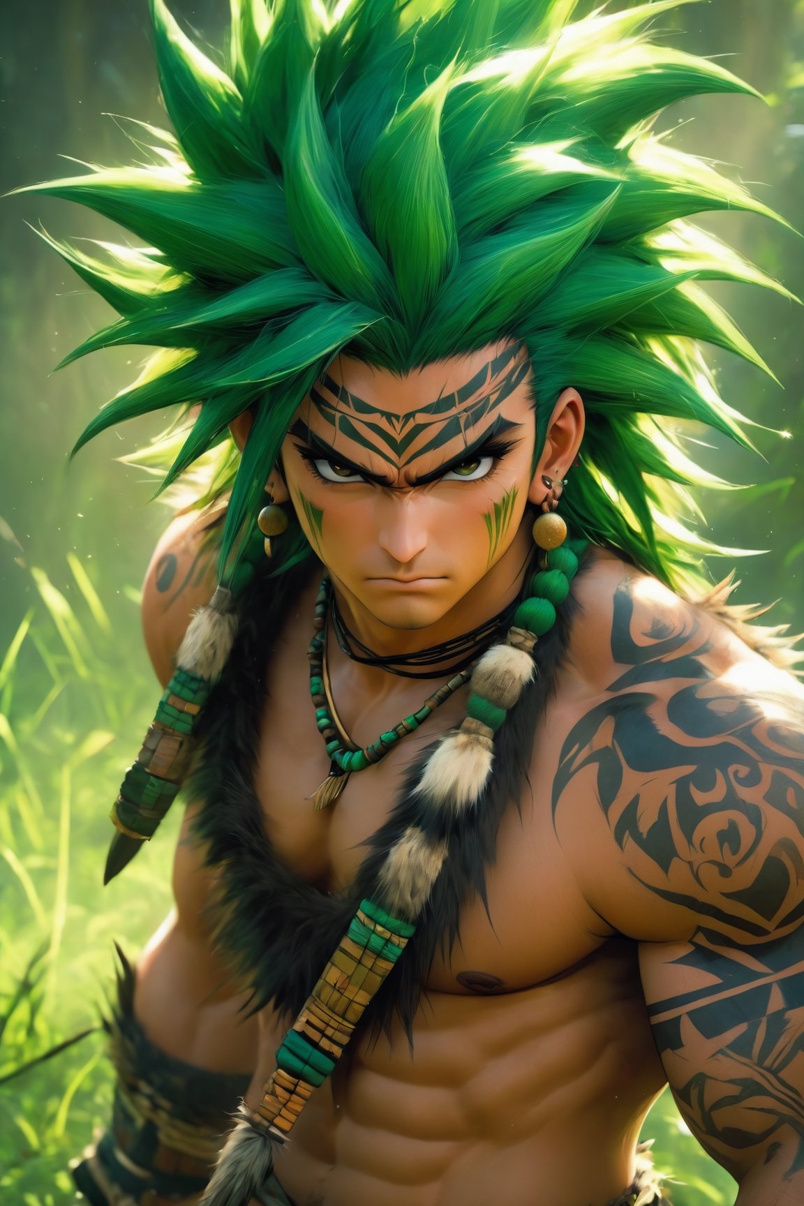 Illustrate a scene in an (Anime style) featuring a (savage male) characterized by (spiky green hair). He is attired in a primitive ensemble, sporting a (loin cloth) and a shirt made of (animal fur). The scene should emphasize his untamed nature, with details such as (feral expressions) and (tribal markings). Pay careful attention to the texture and color of the (environment), providing a backdrop that complements the character's wild and savage demeanor. This illustration aims to capture the essence of a primal and fierce male in a vivid and dynamic (portrait).