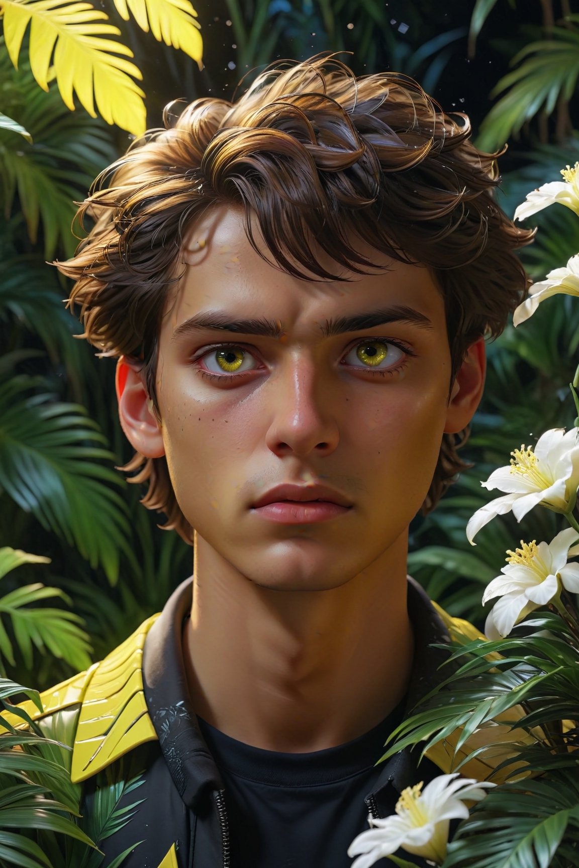 (best quality, 8K, ultra-detailed, masterpiece), 3D, A mesmerizing 8K portrait capturing the essence of a solitary boy in a close-up view, his gaze fixed afar, set against the backdrop of a synthwave art style poster. The scene is adorned with lush palm leaves and delicate white flowers, adding an intriguing geometric pattern to the composition. The entire setting is bathed in a neon yellow glow, reminiscent of the synthwave aesthetic, against a dark, starry night sky illuminated by bioluminescent elements. This artwork radiates fortitude and wholesome beauty, inviting you to immerse yourself in its unique and captivating world.