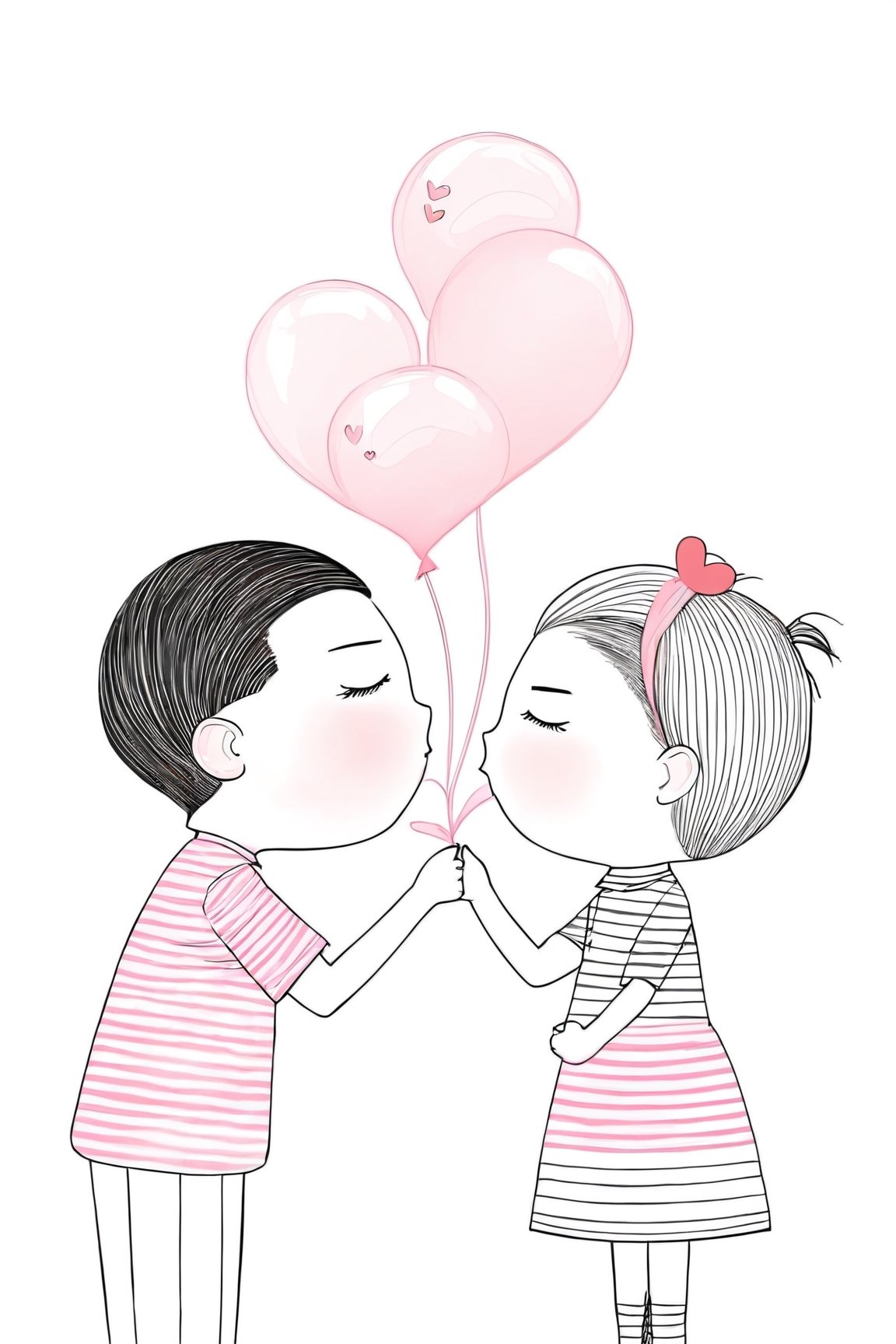 AiArtV,Valentines Day, 1girl,blush,shirt,1boy,dress,monochrome,closed eyes,ponytail,hetero,heart,one eye closed,striped,kiss,striped shirt,pink theme,kissing cheek