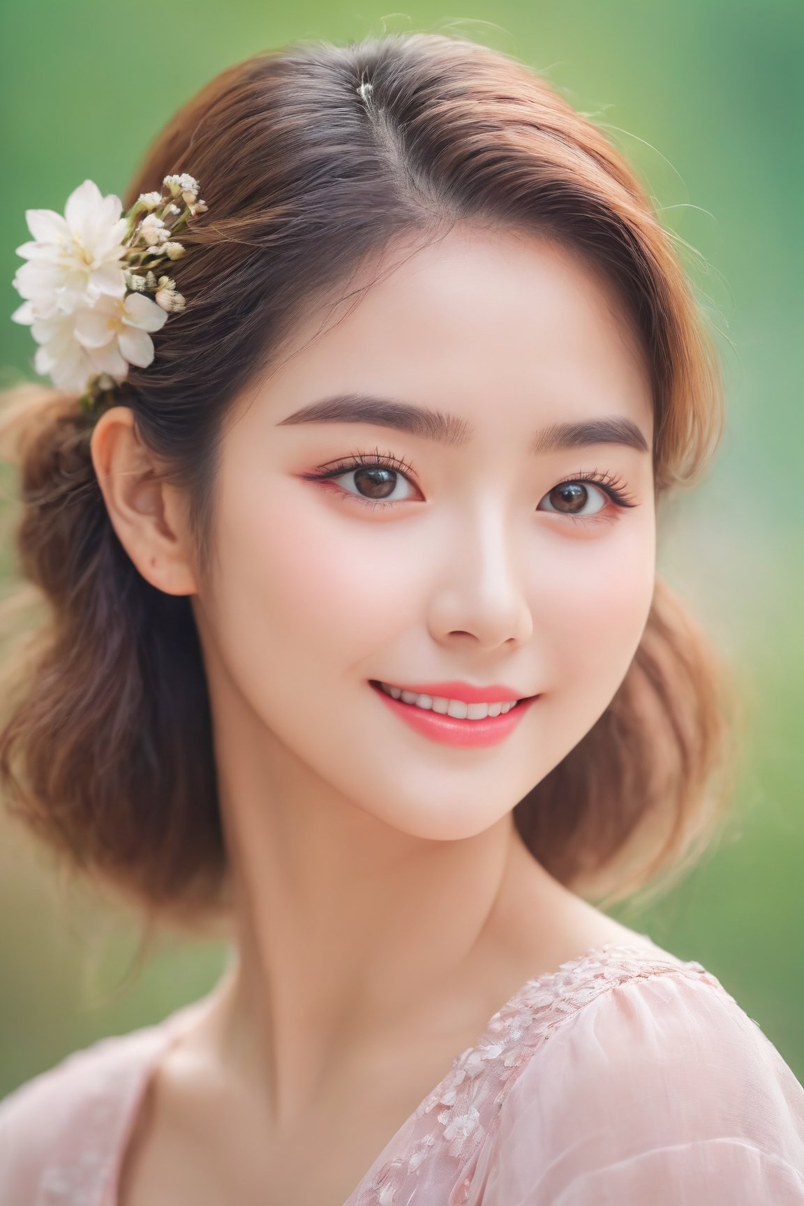 (best quality,4k,8k,highres,masterpiece:1.2),ultra-detailed,(realistic,photorealistic,photo-realistic:1.37),1girl,cute,beautiful detailed eyes,beautiful detailed lips,extremely detailed eyes and face,longeyelashes,Korean-style makeup,glowing skin,flawless complexion,vibrant colors,soft lighting,pastel color palette,playful expression,adorable smile,blush on cheeks,dewy look,feminine appearance,lovely hairstyle,neatly arranged hair,flower hairpin,colorful clothes,stylish outfit,pulling back a strand of hair,image with depth and dimension,soft and airy background,shallow depth of field,bokeh effect,gentle poses,expressive eyes,subtle shadows,sweet and innocent look,positive and joyful mood,warm and friendly ambiance,feeling of youth and charm,simple and clean composition,artistic pencil sketch effect,storybook illustration style