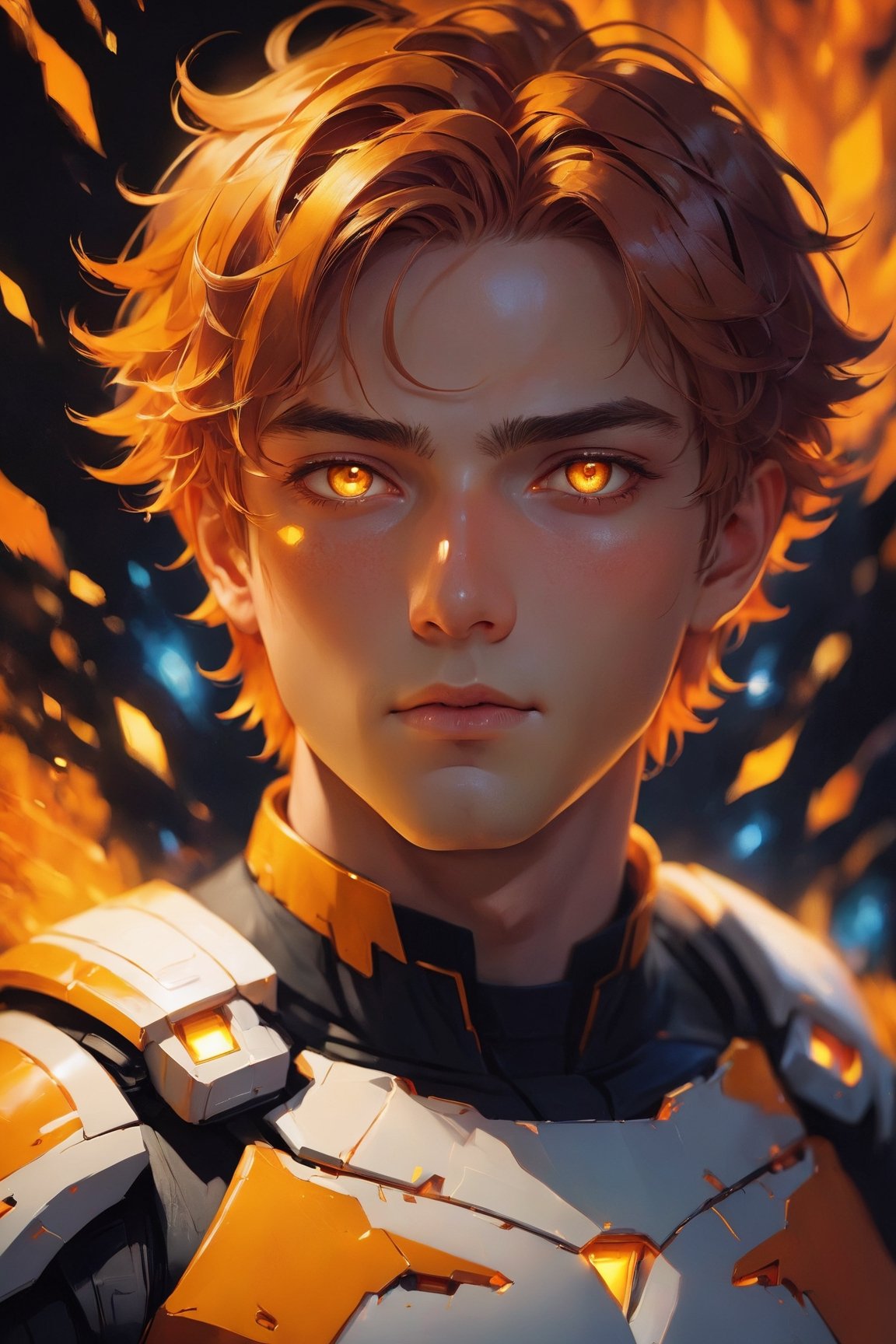 (best quality,8K,highres,masterpiece), ultra-detailed, solo,looking at viewer,short hair,1boy,closed mouth,yellow eyes,upper body,male focus,orange hair,orange eyes,glowing,colored skin,black background,portrait,glowing eyes,realistic,dark