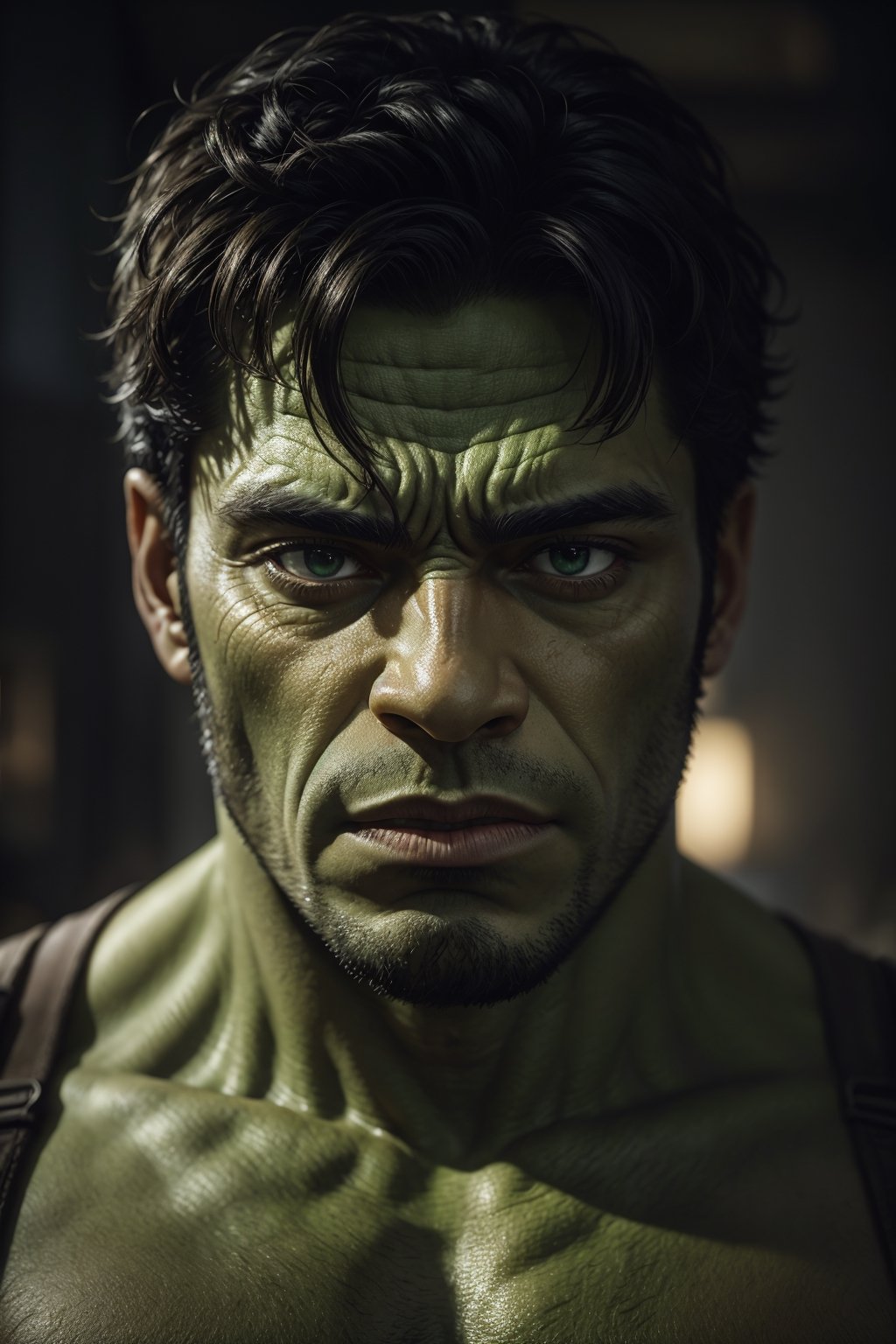 Close-up portrait of the Hulk in an atmospheric scene, (masterpiece, best quality), showcasing the detailed beauty of his face and the intricate texture of his skin, capturing every nuance of his ultra-detailed body (1.1)