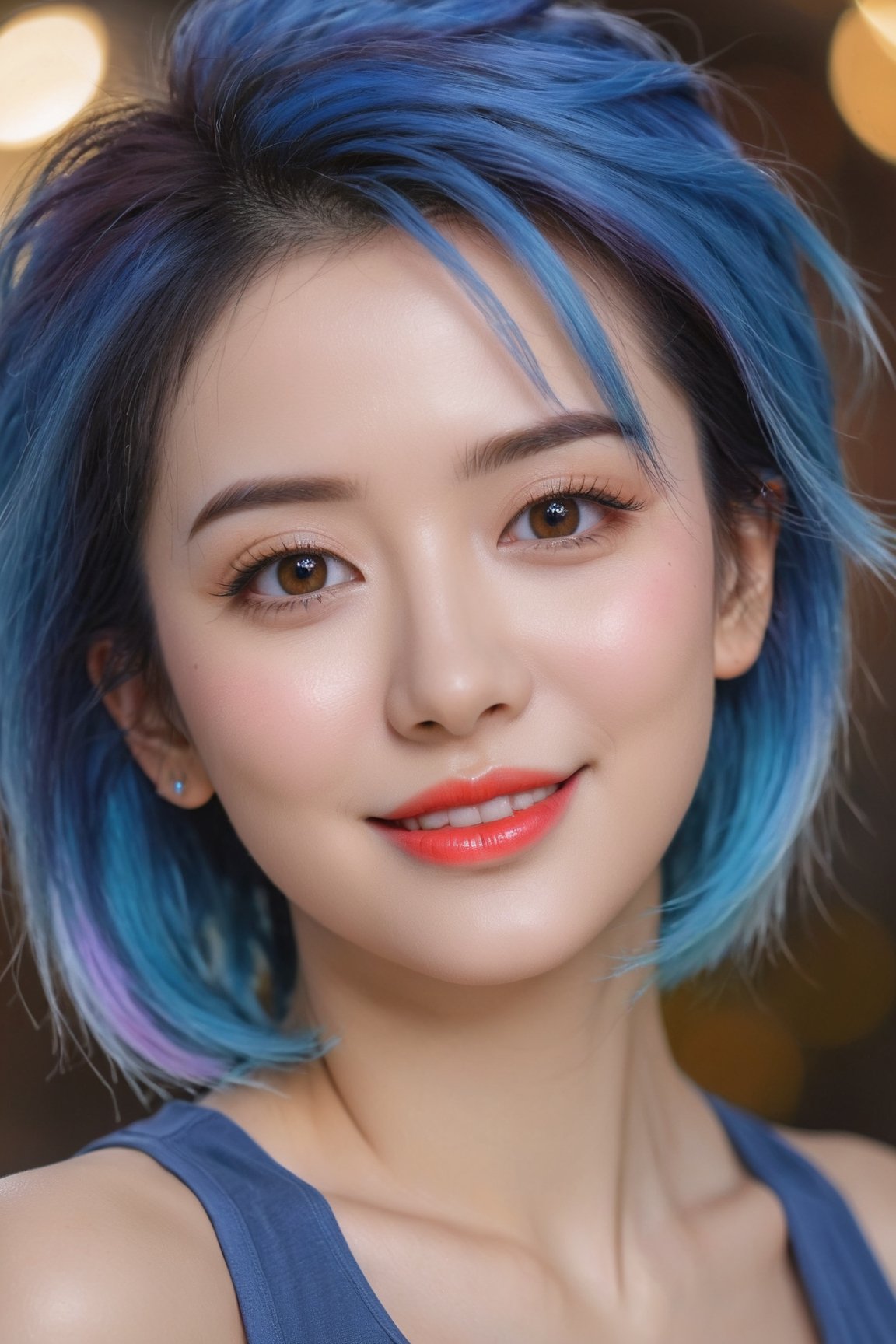 woman, smiling, blue hair, gym clothes, (best quality, highres:1.2), (vivid colors, colorful:1.1), (bokeh), (portraits), (studio lighting), (ultra-fine painting), (sharp focus), (extremely detailed eyes and face), (detailed lips), (beautiful detailed eyes), (long eyelashes),Korean