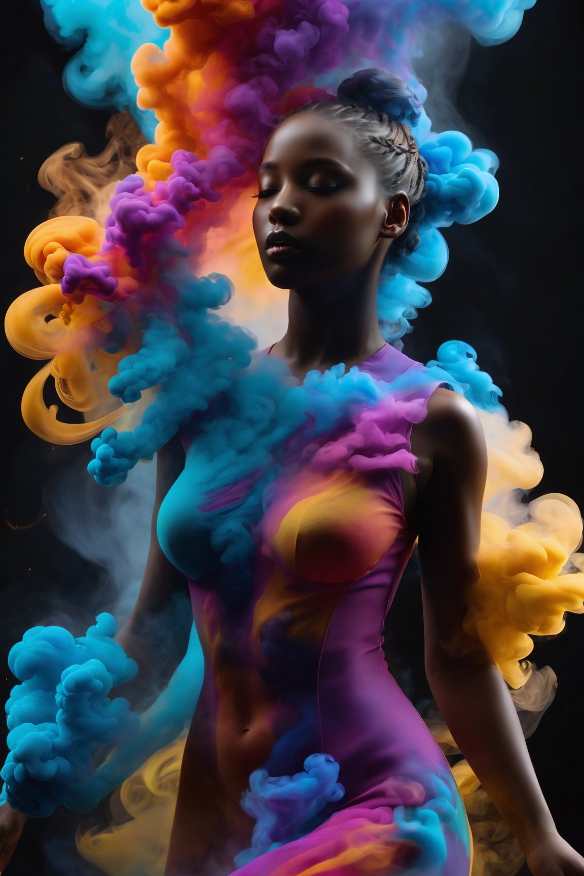 (best quality, 8K, highres, masterpiece), ultra-detailed, (portrait art, illustration), full-body zoom of a female-shaped colored sculpture made of dynamic dispersing smoke. The scene features playful body manipulations with warm and clean aesthetics, emphasizing uncommon beauty. Utilizing the rule of thirds composition, the detailed environment with strong lines enhances the overall visual impact. Vibrant and colorful smoke particles float in the air, creating a visually rich and striking figure. The well-lit scene, achieved with studio lights, maintains ultra-sharp focus and a high-speed shot aesthetic